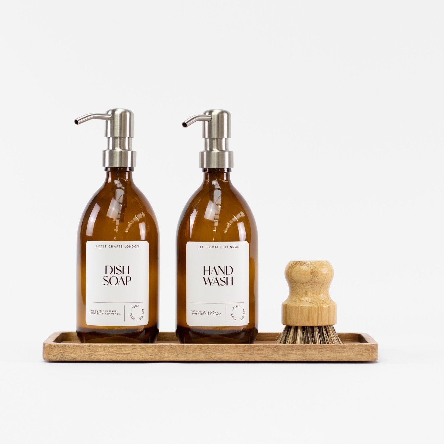 Set of 2 Amber Glass Bottles 500 ML Long tray & Dish Brush - Little Crafts London