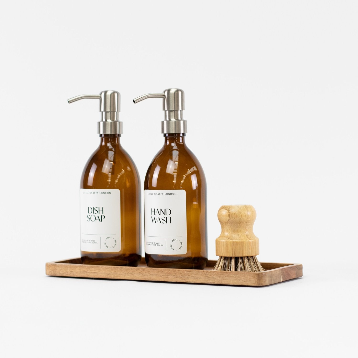 Set of 2 Amber Glass Bottles 500 ML Long tray & Dish Brush - Little Crafts London