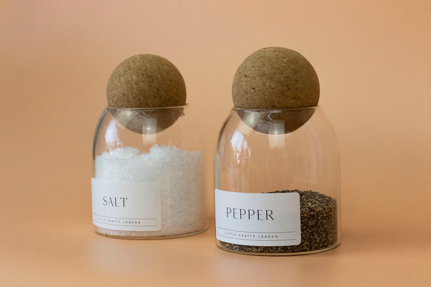 Set of 2 Cork Ball Glass Jars - Salt and Pepper 500ml - Little Crafts London