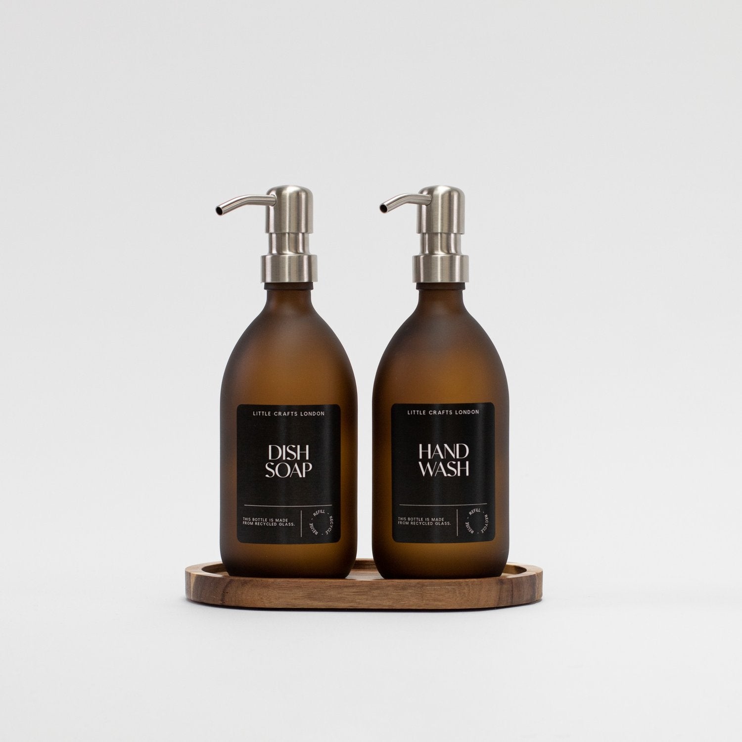 Set of 2 Frosted Amber Glass Bottle 500 ML with Stainless Steel Pump & Small Tray Black Label - Little Crafts London