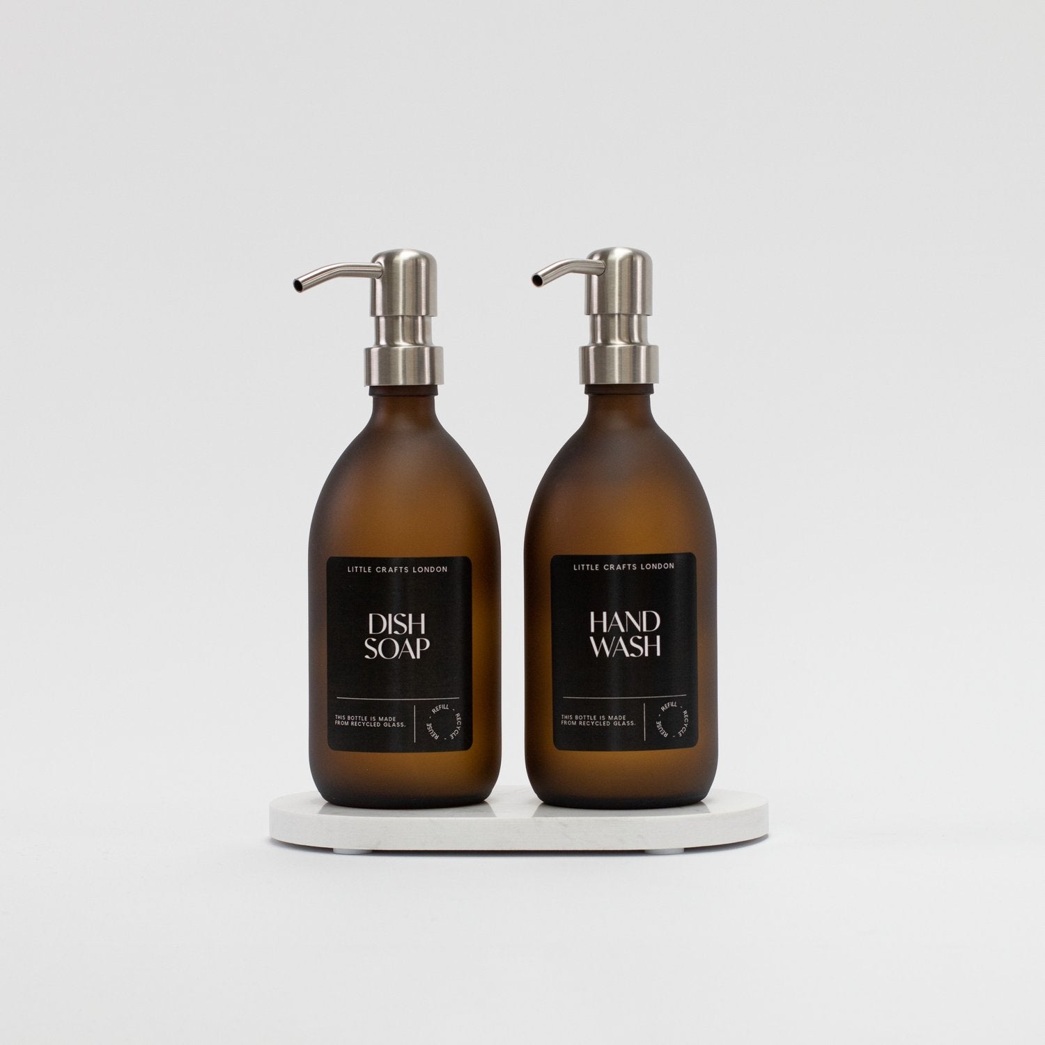 Set of 2 Frosted Amber Glass Bottle 500 ML with Stainless Steel Pump & Small Tray Black Label - Little Crafts London