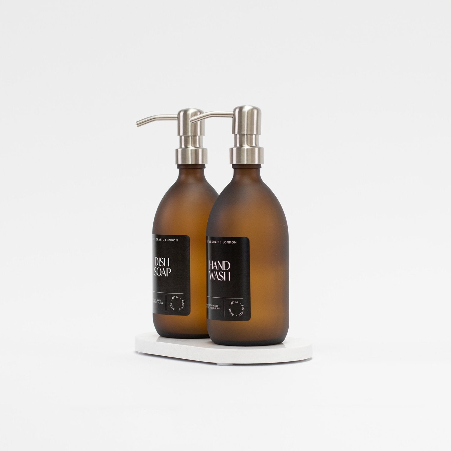 Set of 2 Frosted Amber Glass Bottle 500 ML with Stainless Steel Pump & Small Tray Black Label - Little Crafts London