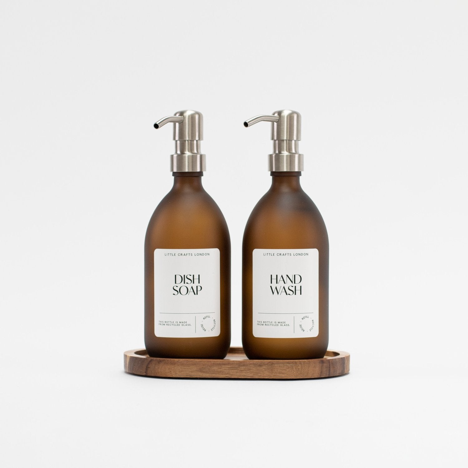 Set of 2 Frosted Amber Glass Bottle 500 ML with Stainless Steel Pump & Small Tray White Label - Little Crafts London