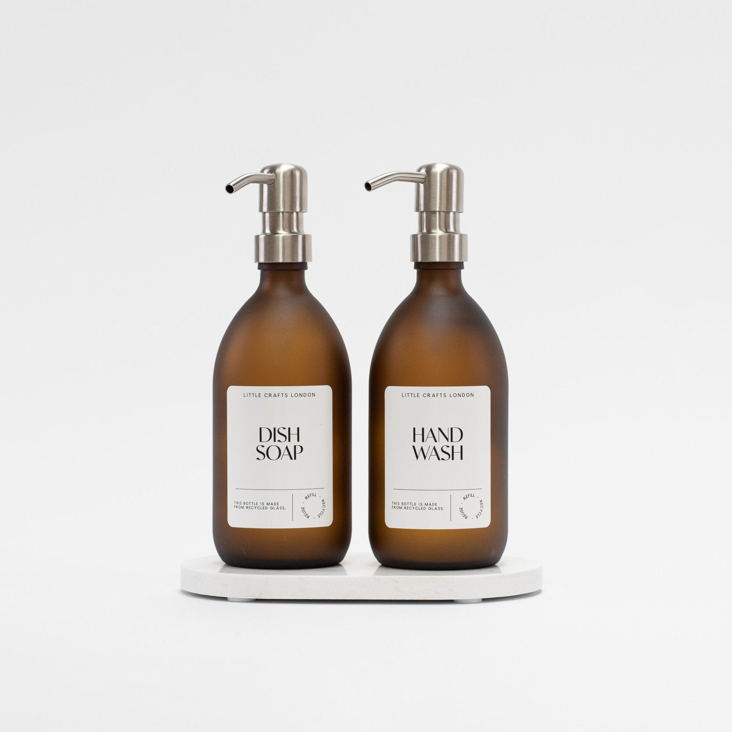 Set of 2 Frosted Amber Glass Bottle 500 ML with Stainless Steel Pump & Small Tray White Label - Little Crafts London