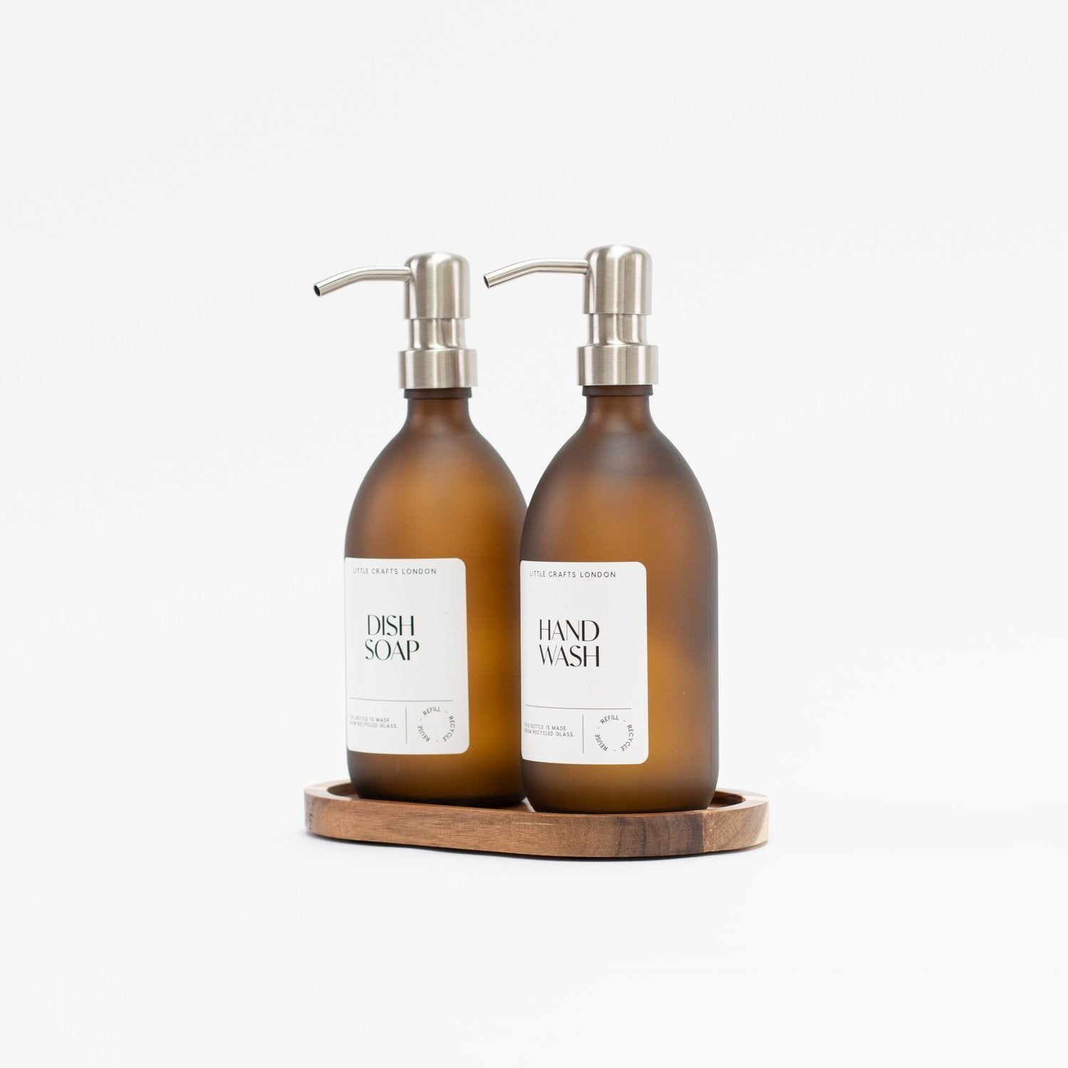 Set of 2 Frosted Amber Glass Bottle 500 ML with Stainless Steel Pump & Small Tray White Label - Little Crafts London