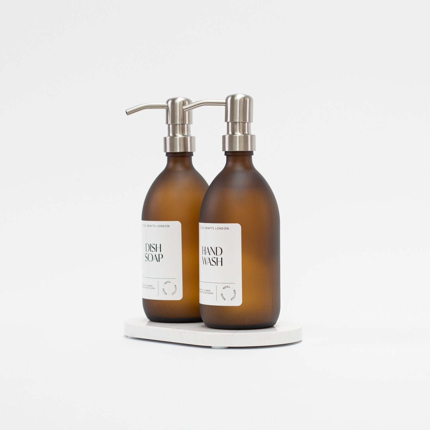 Set of 2 Frosted Amber Glass Bottle 500 ML with Stainless Steel Pump & Small Tray White Label - Little Crafts London