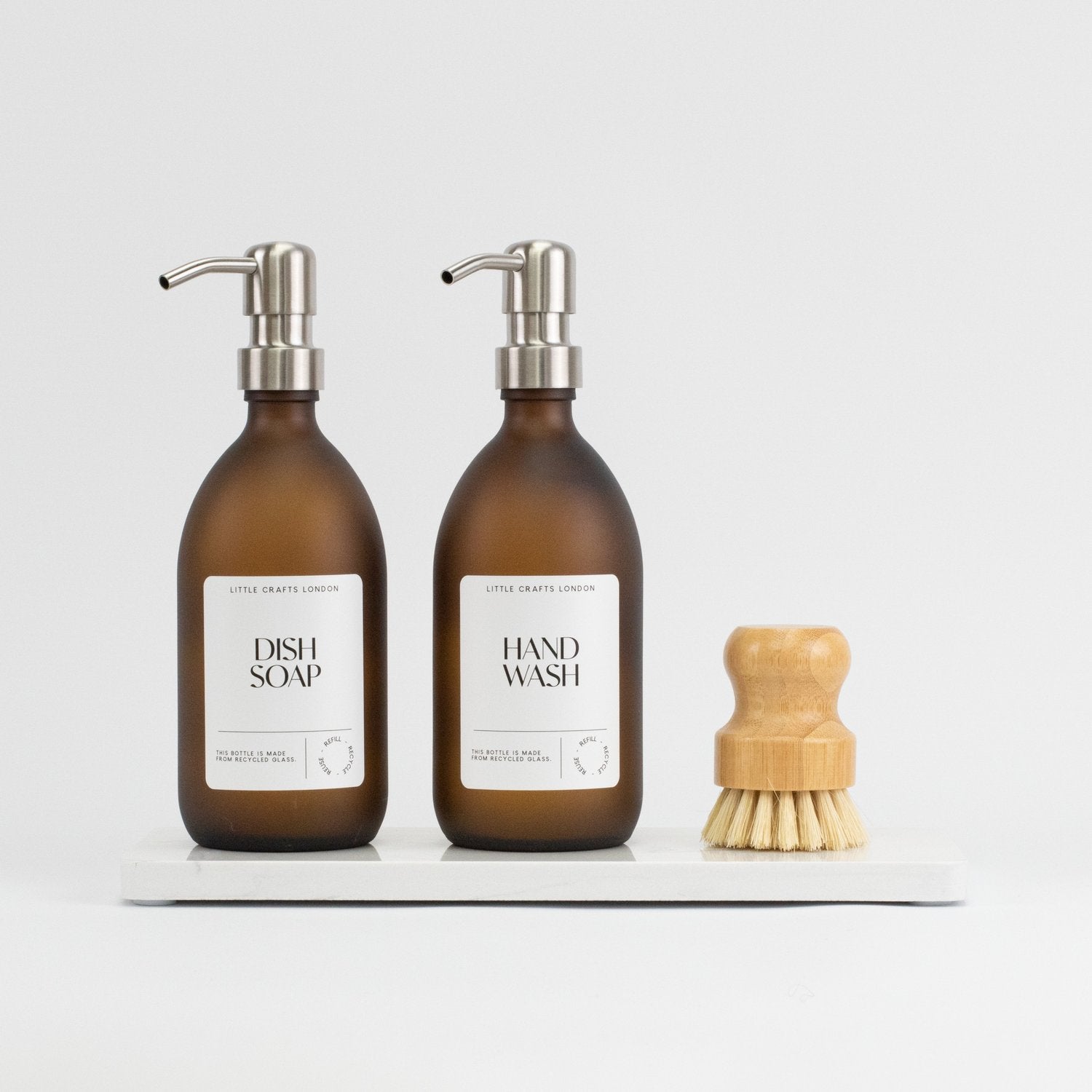 Set of 2 *Frosted* Amber Glass Bottles 500 ML Long Rectangle Tray & Dish Brush - Little Crafts London