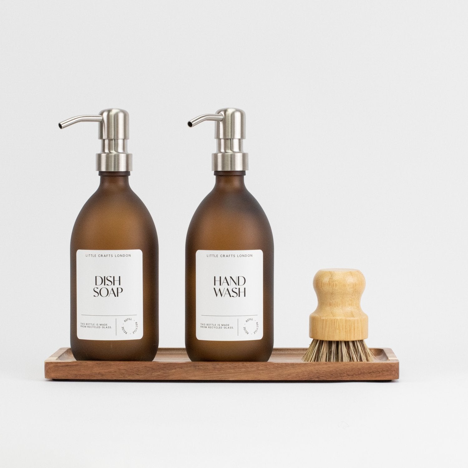 Set of 2 *Frosted* Amber Glass Bottles 500 ML Long Rectangle Tray & Dish Brush - Little Crafts London