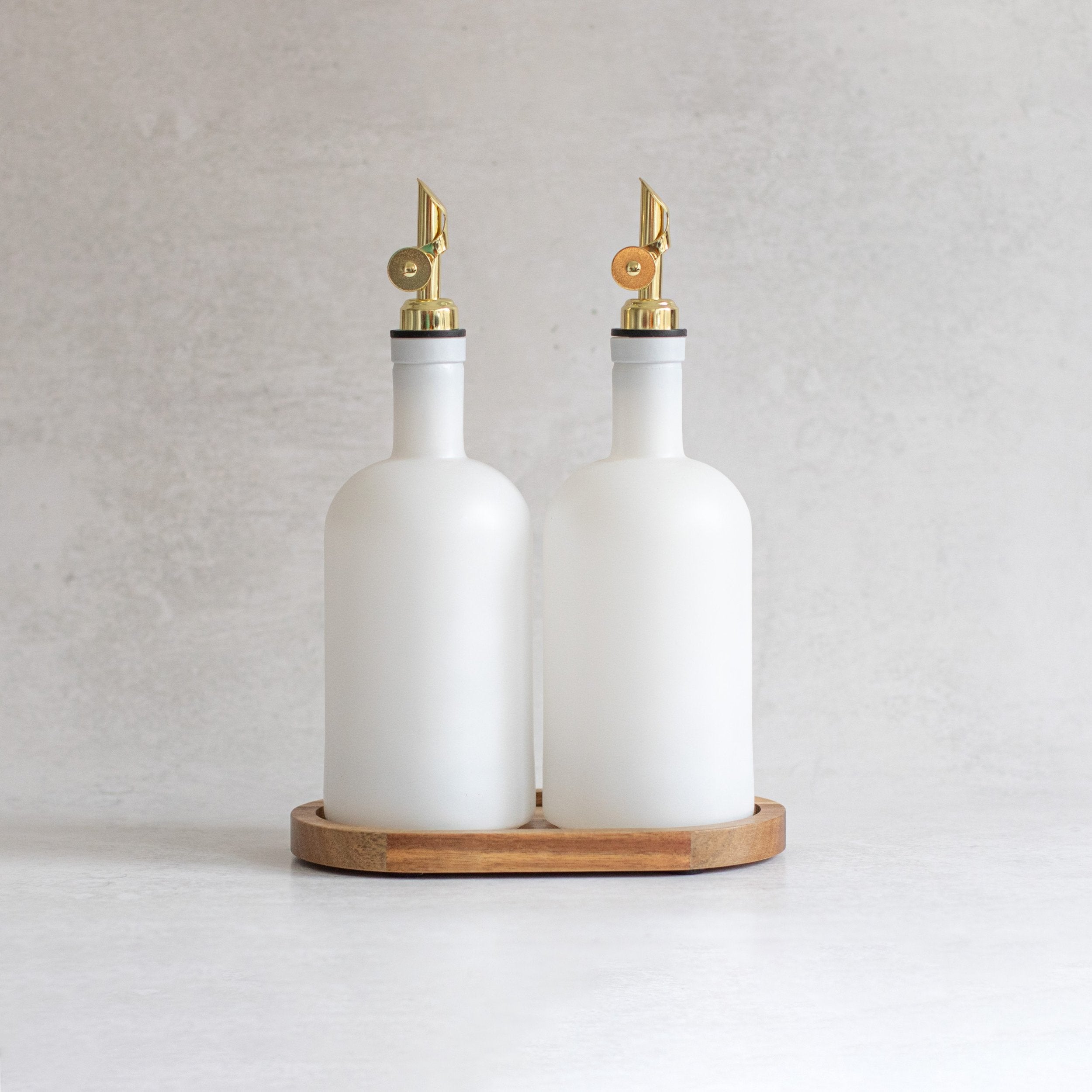 Set of 2 Frosted White Round Glass Oil Bottle 500 ML & Acacia Oval Tray - Little Crafts London