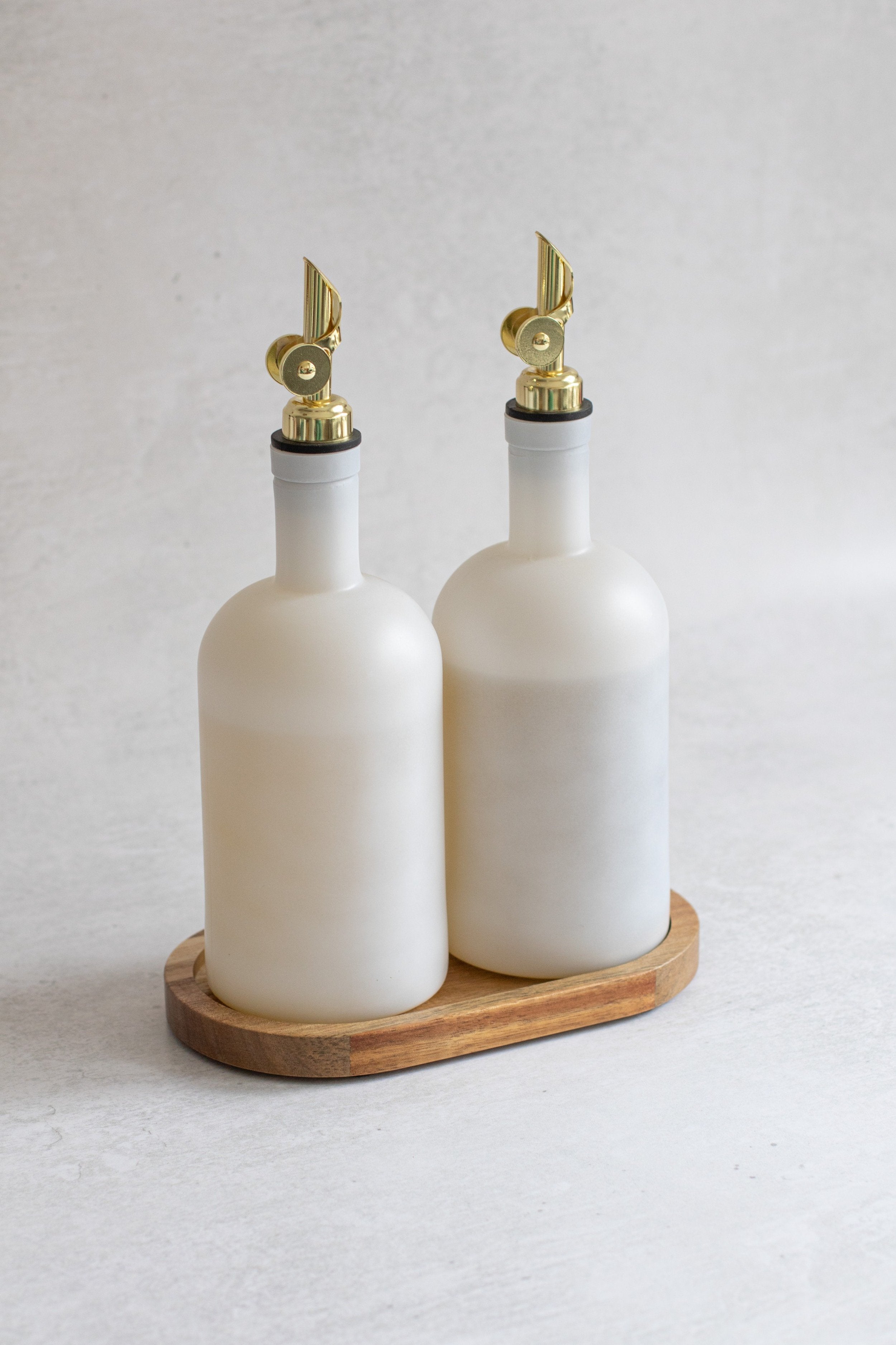 Set of 2 Frosted White Round Glass Oil Bottle 500 ML & Acacia Oval Tray - Little Crafts London