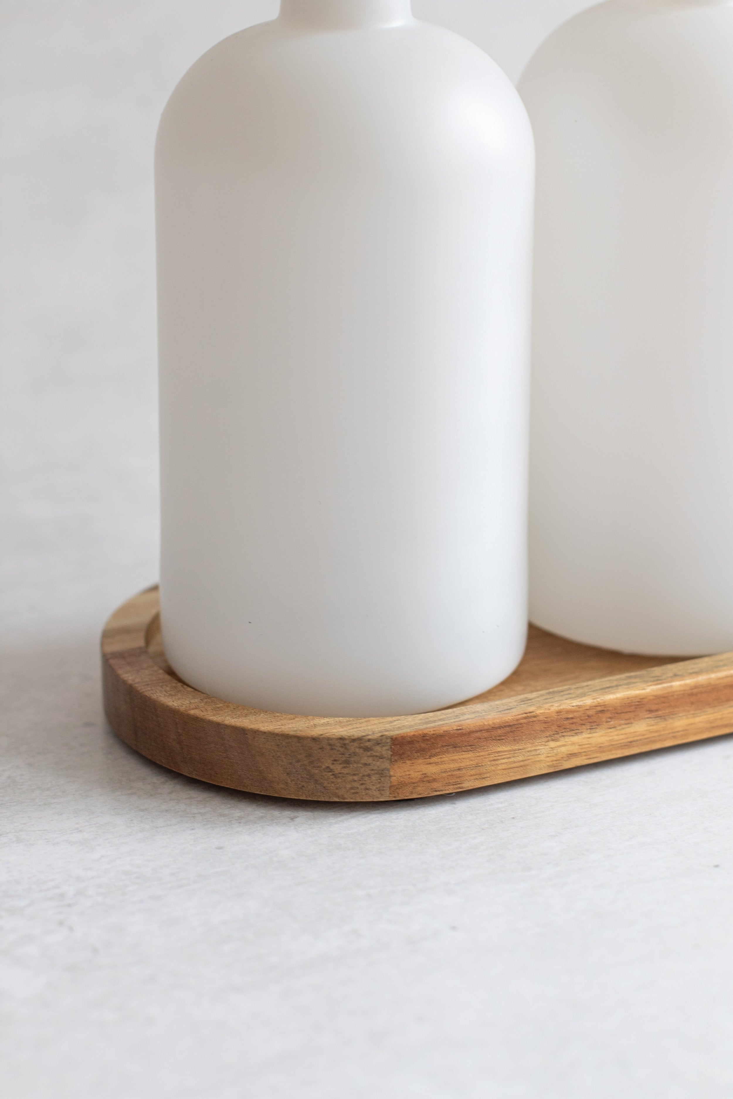 Set of 2 Frosted White Round Glass Oil Bottle 500 ML & Acacia Oval Tray - Little Crafts London