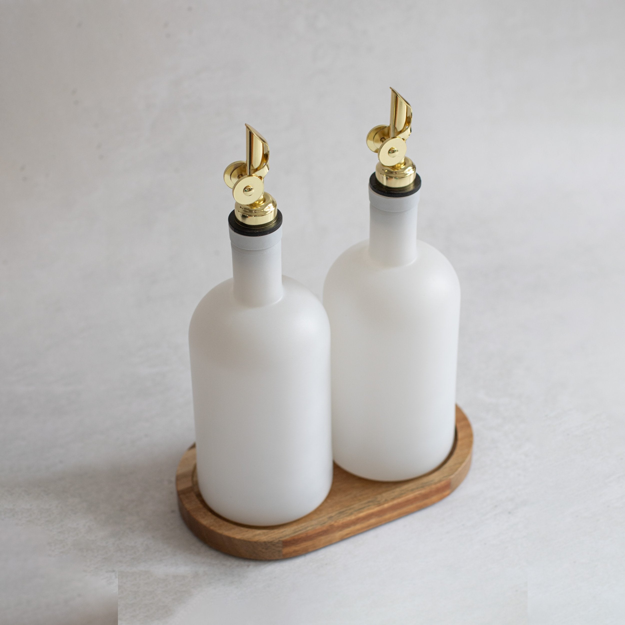 Set of 2 Frosted White Round Glass Oil Bottle 500 ML & Acacia Oval Tray - Little Crafts London