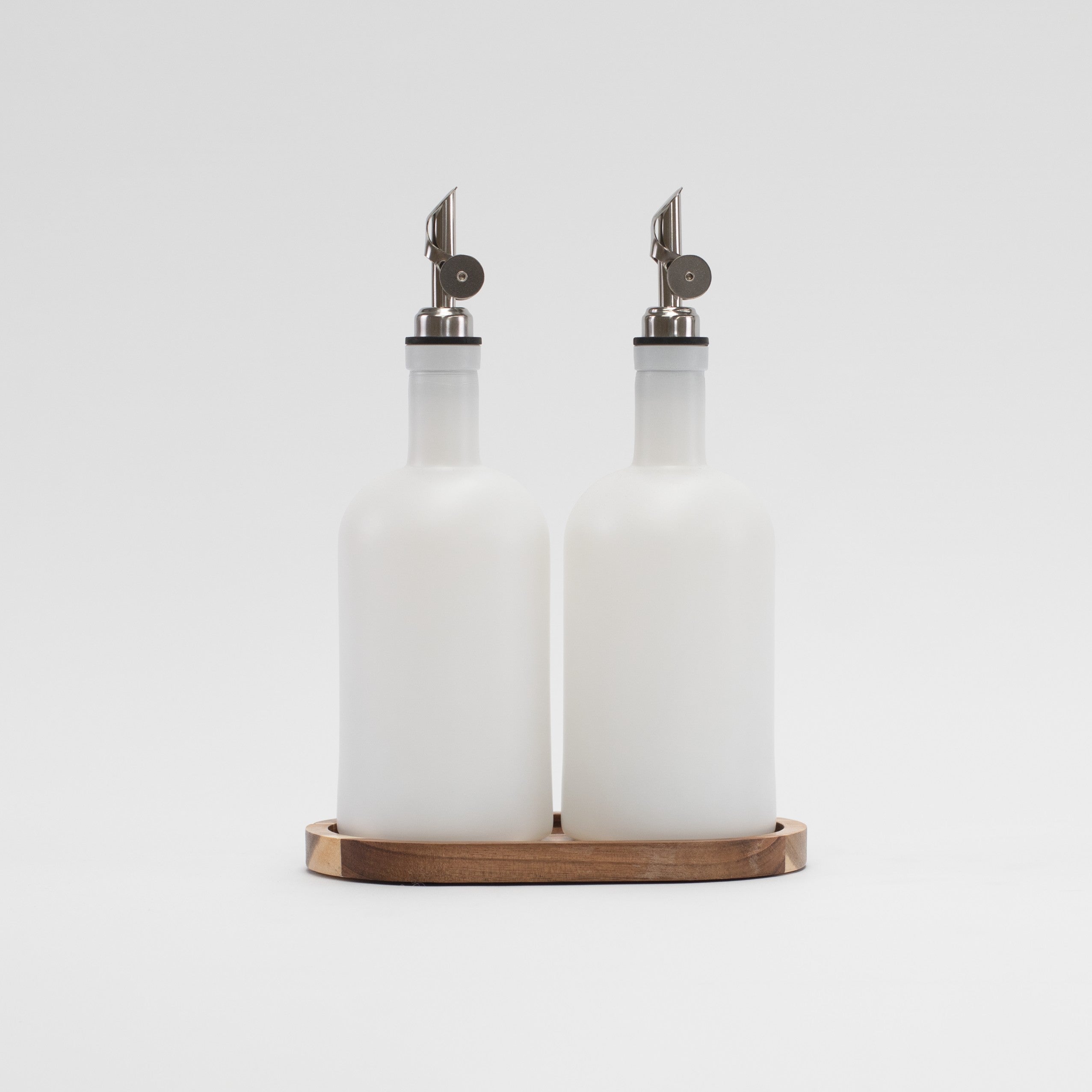 Set of 2 Frosted White Round Glass Oil Bottle 500 ML & Acacia Oval Tray - Little Crafts London