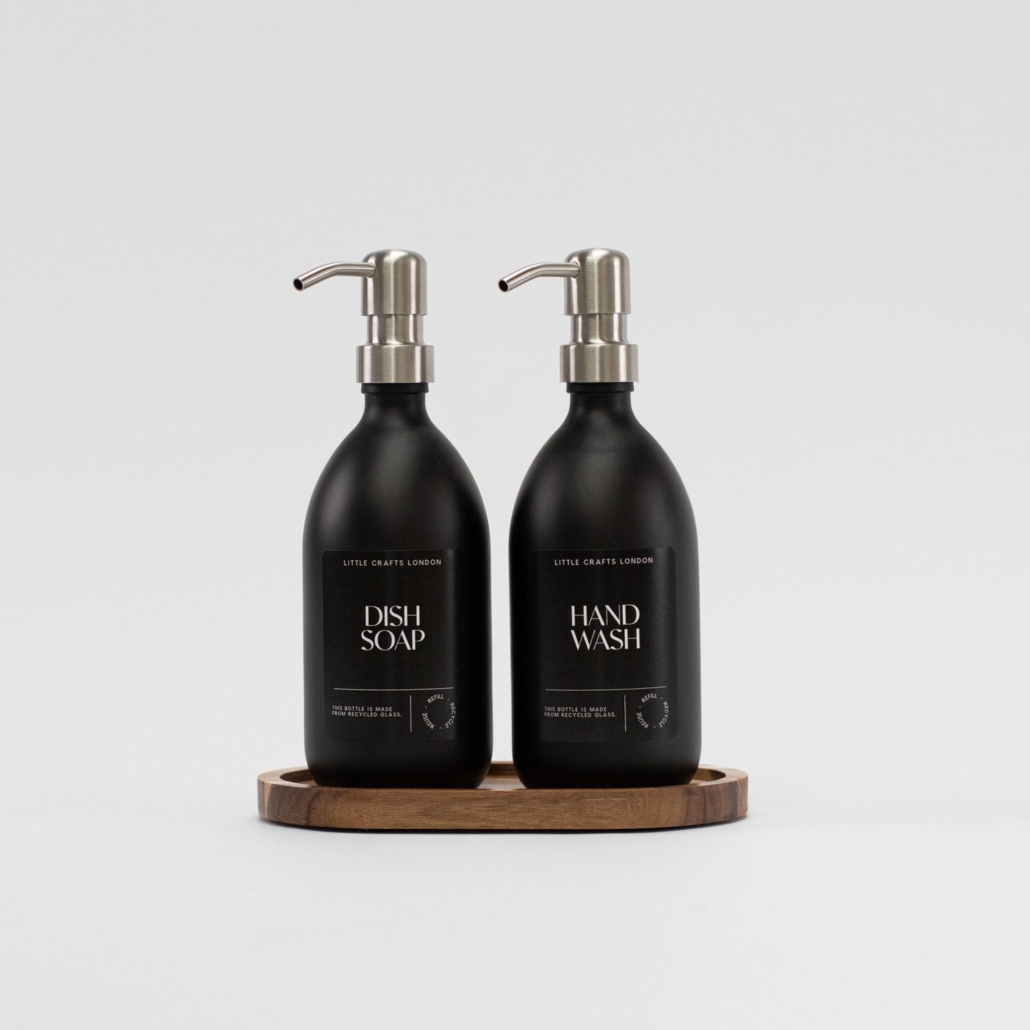 Set of 2 Matt Black Glass Bottle 500 ML with Stainless Steel Pump & Small Tray (Black Label) - Little Crafts London