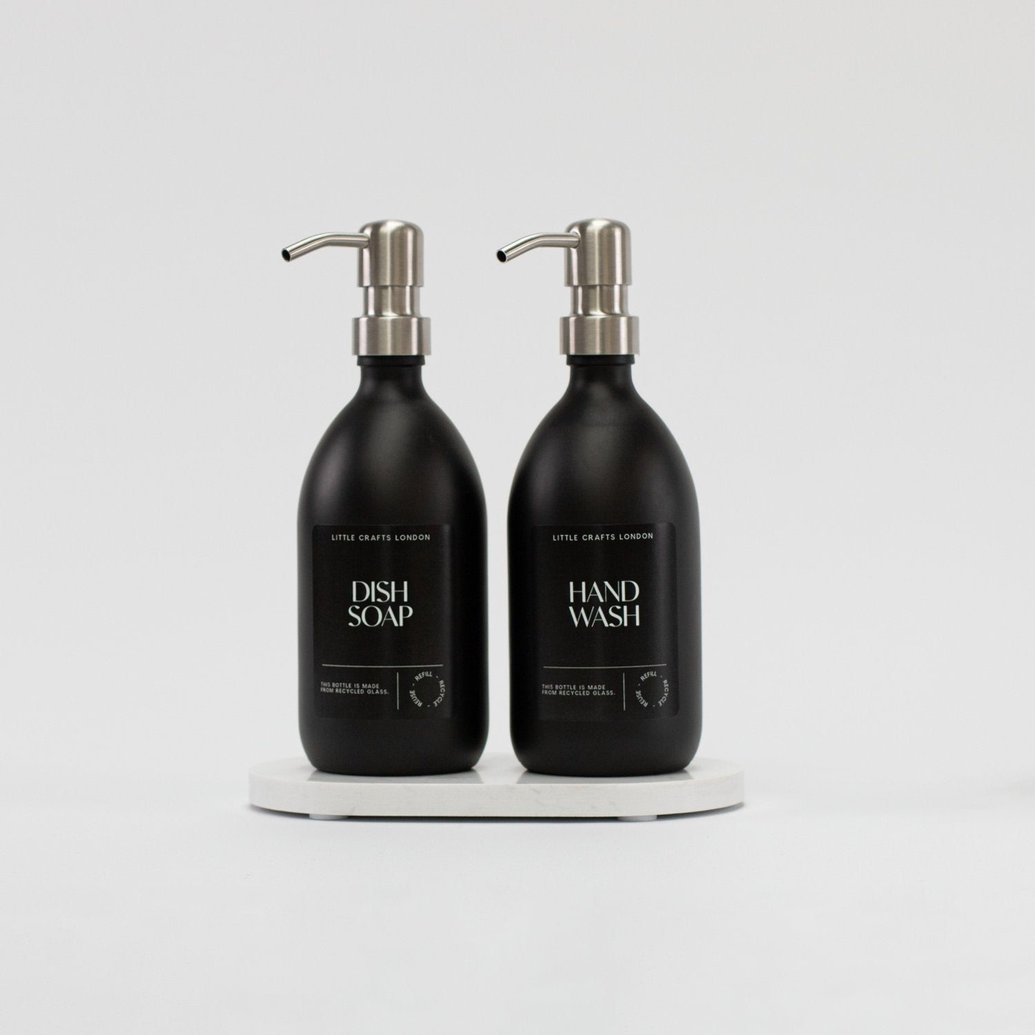 Set of 2 Matt Black Glass Bottle 500 ML with Stainless Steel Pump & Small Tray (Black Label) - Little Crafts London