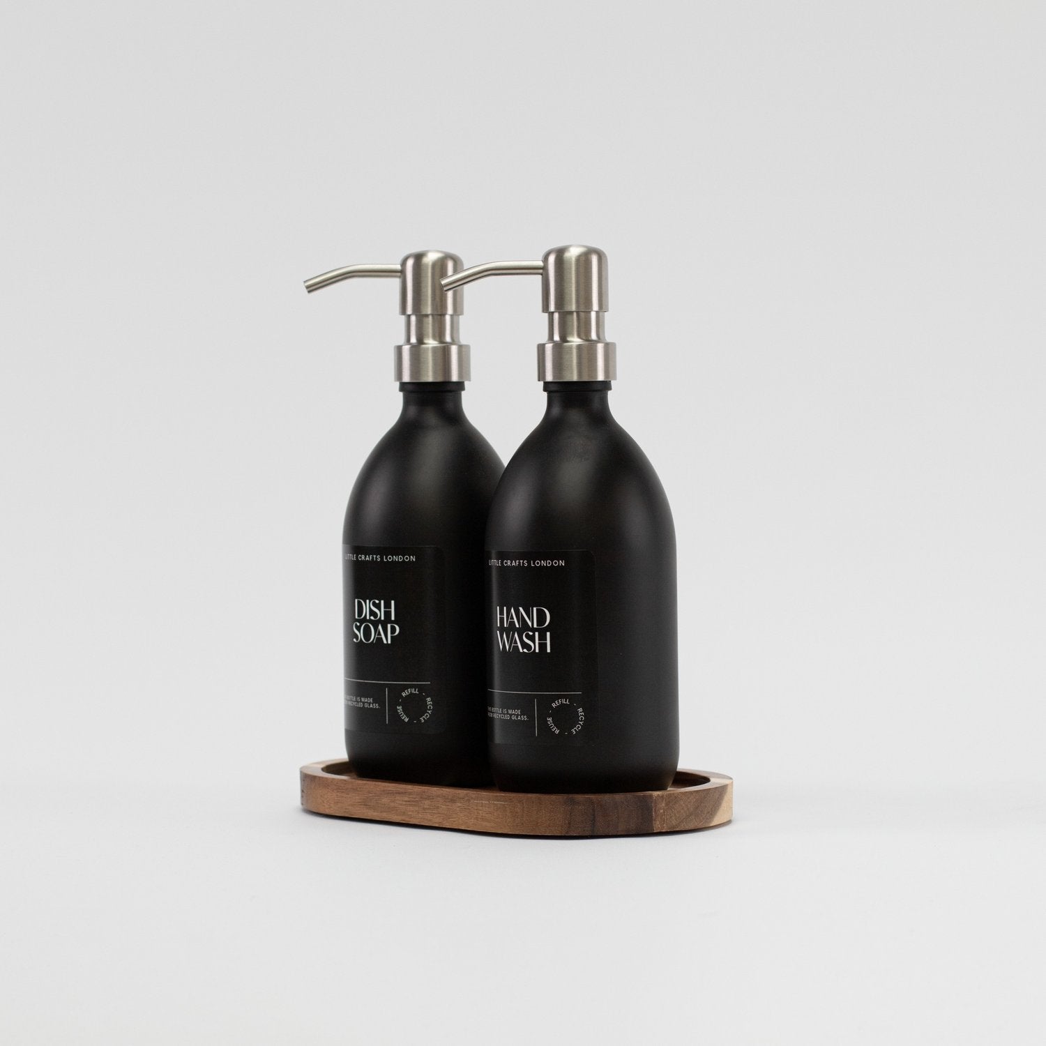 Set of 2 Matt Black Glass Bottle 500 ML with Stainless Steel Pump & Small Tray (Black Label) - Little Crafts London
