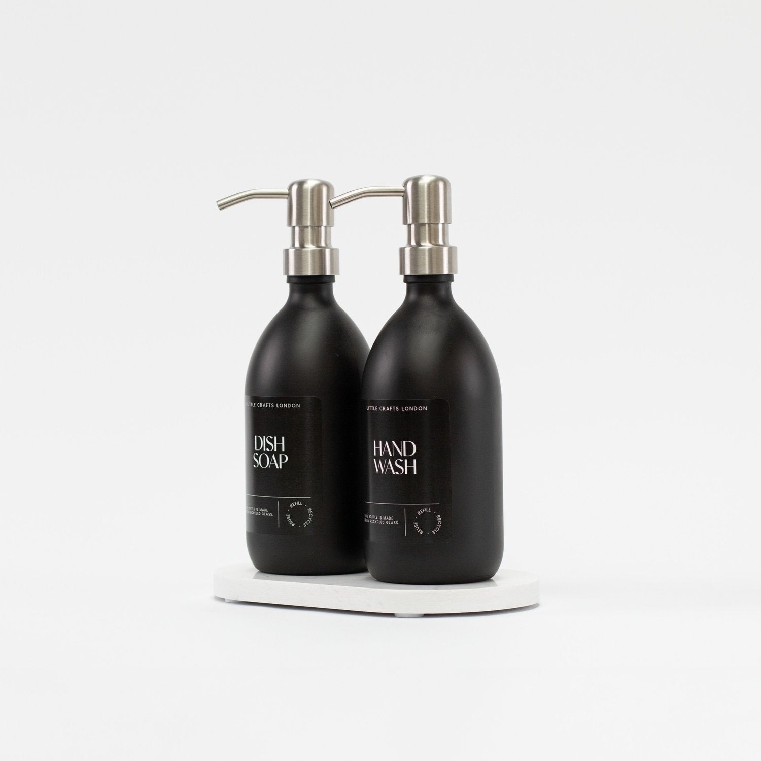 Set of 2 Matt Black Glass Bottle 500 ML with Stainless Steel Pump & Small Tray (Black Label) - Little Crafts London