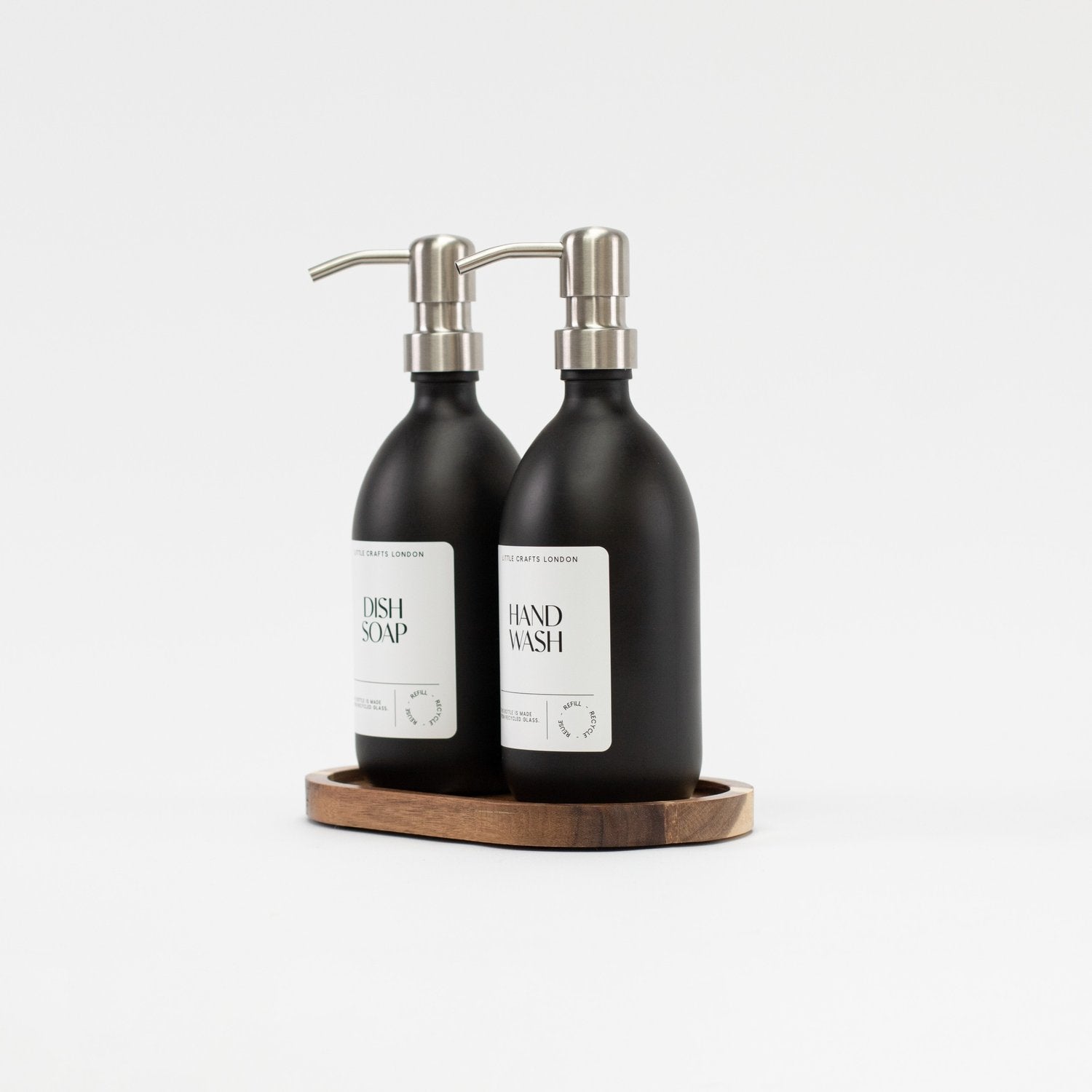 Set of 2 Matt Black Glass Bottle 500 ML with Stainless Steel Pump & Small Tray (White Label) - Little Crafts London