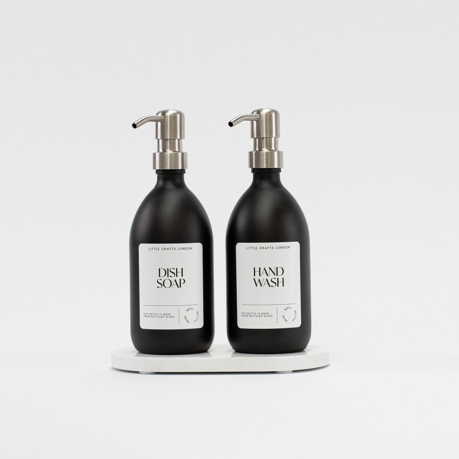 Set of 2 Matt Black Glass Bottle 500 ML with Stainless Steel Pump & Small Tray (White Label) - Little Crafts London