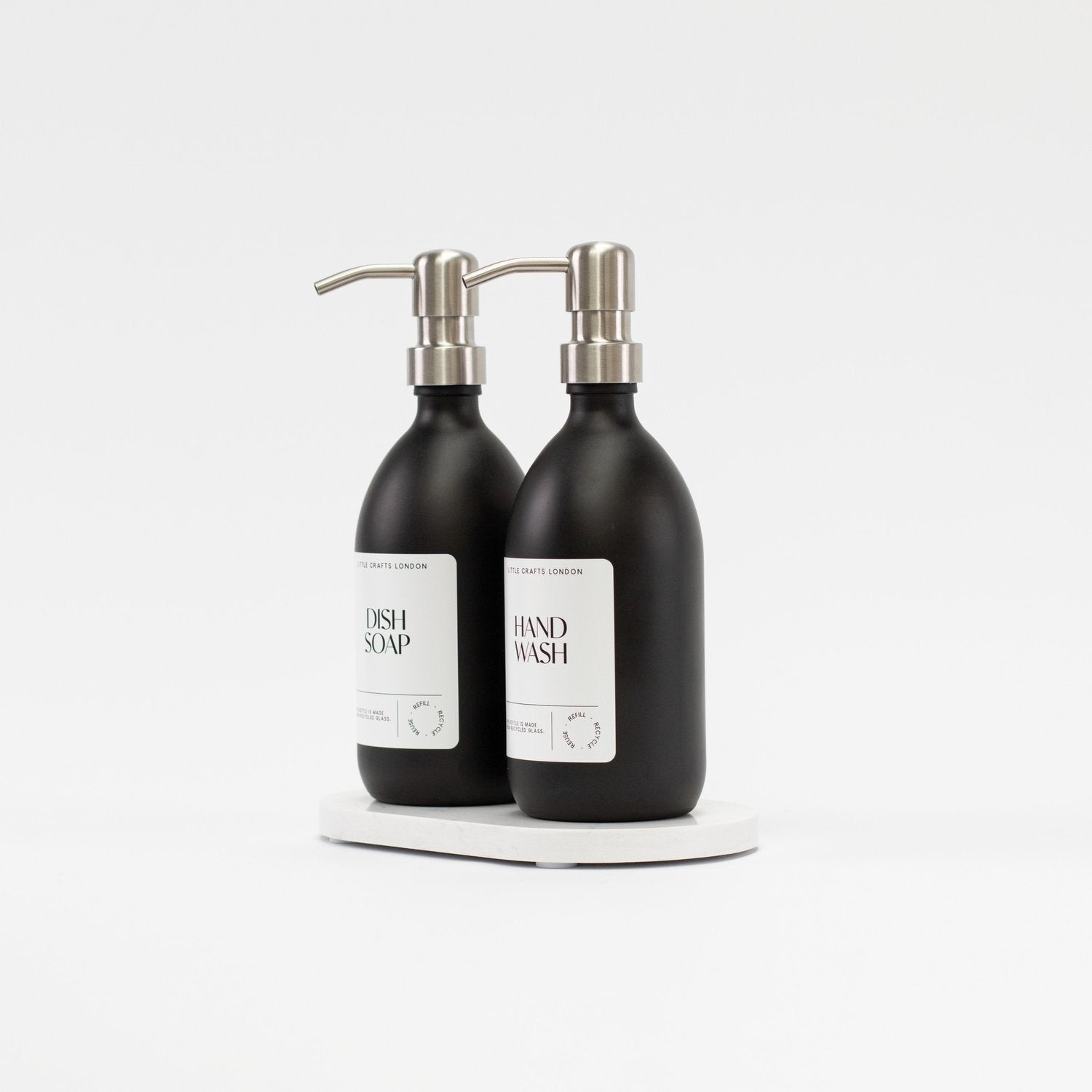 Set of 2 Matt Black Glass Bottle 500 ML with Stainless Steel Pump & Small Tray (White Label) - Little Crafts London