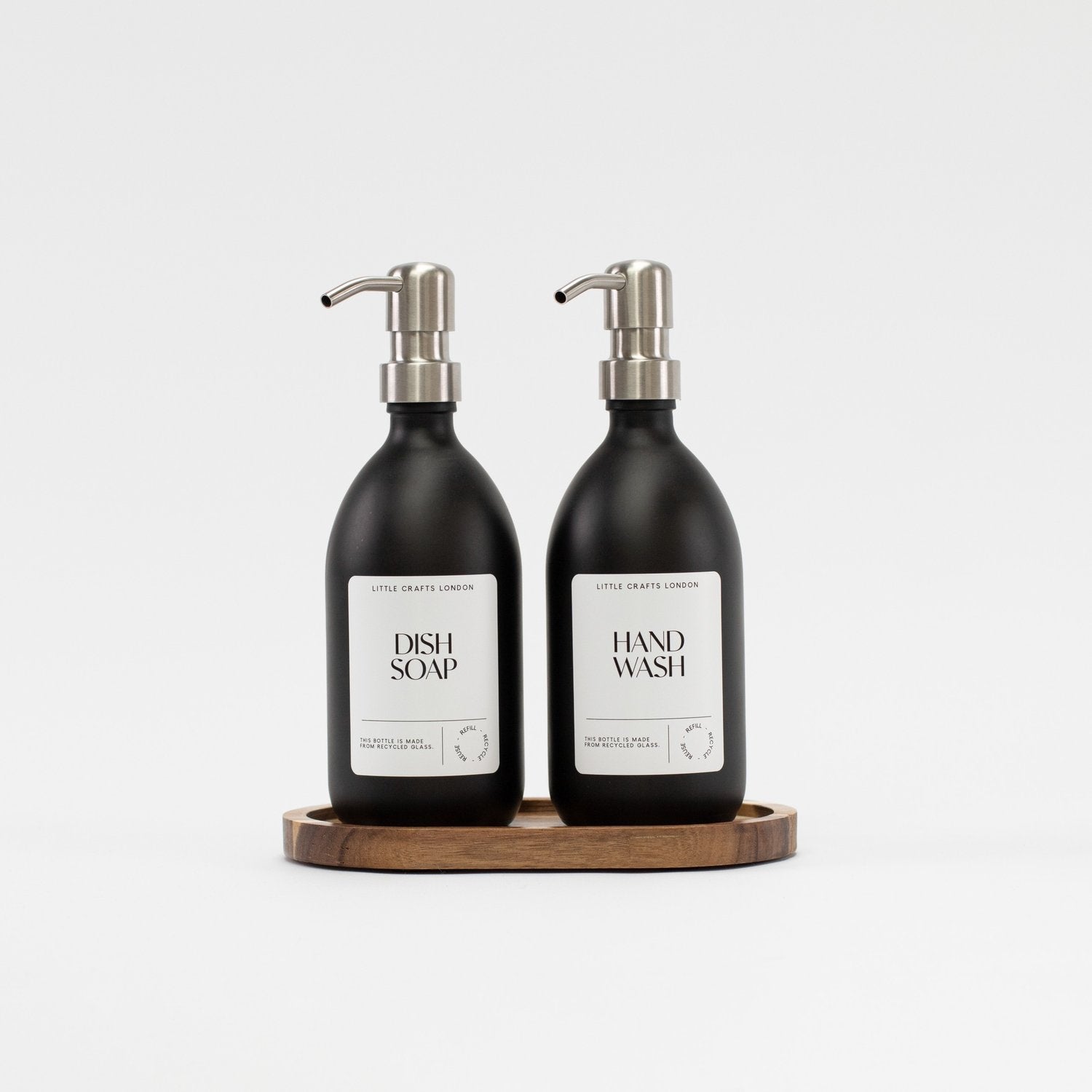 Set of 2 Matt Black Glass Bottle 500 ML with Stainless Steel Pump & Small Tray (White Label) - Little Crafts London