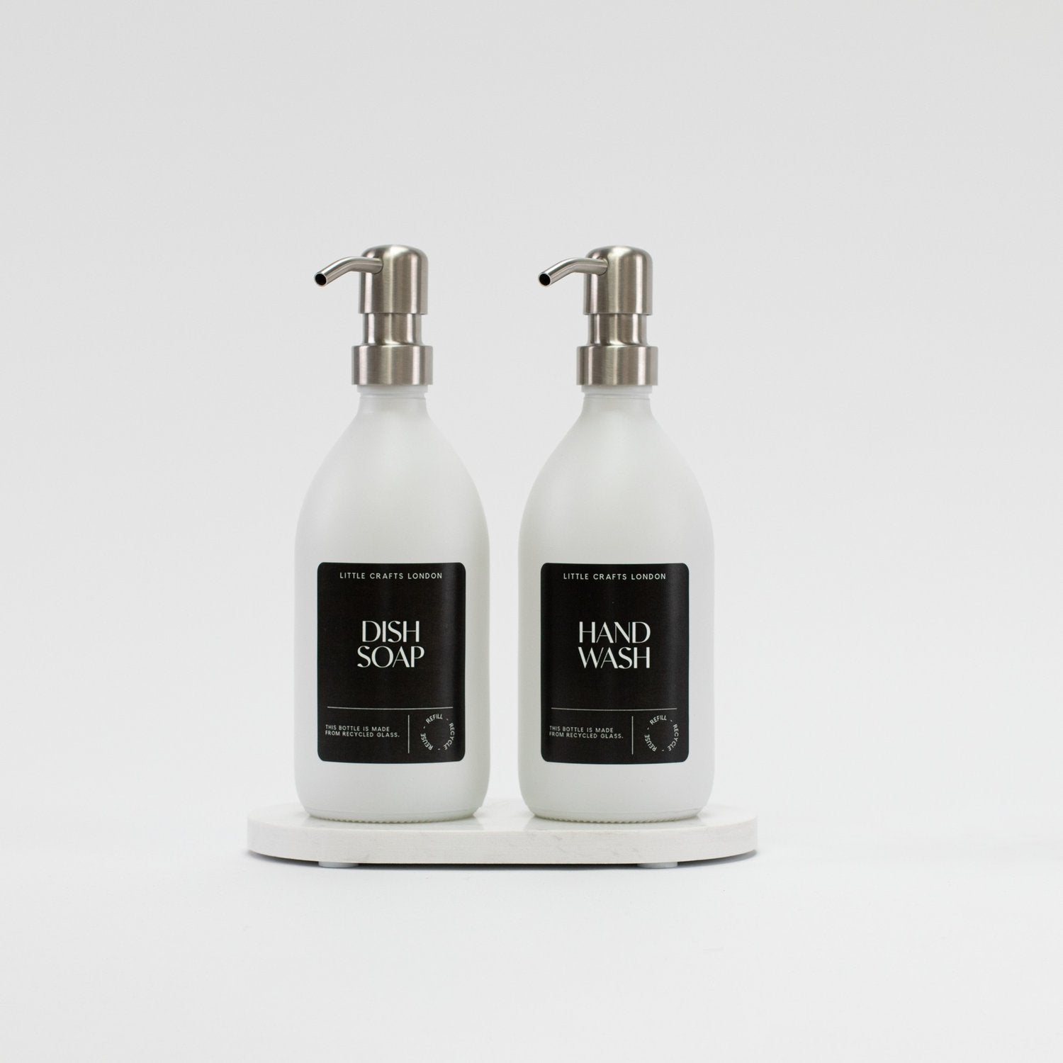 Set of 2 Milky White Glass Bottle 500 ML with Stainless Steel Pump & Small Tray (Black Label) - Little Crafts London