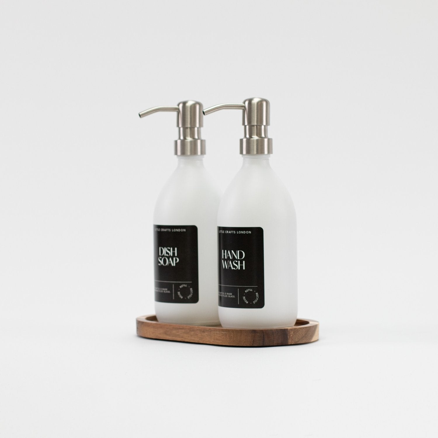 Set of 2 Milky White Glass Bottle 500 ML with Stainless Steel Pump & Small Tray (Black Label) - Little Crafts London