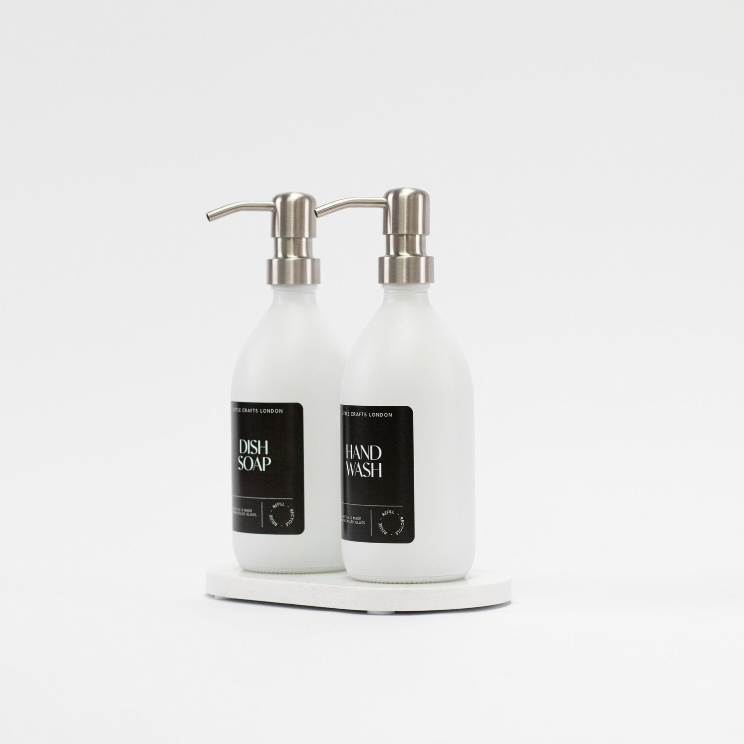 Set of 2 Milky White Glass Bottle 500 ML with Stainless Steel Pump & Small Tray (Black Label) - Little Crafts London