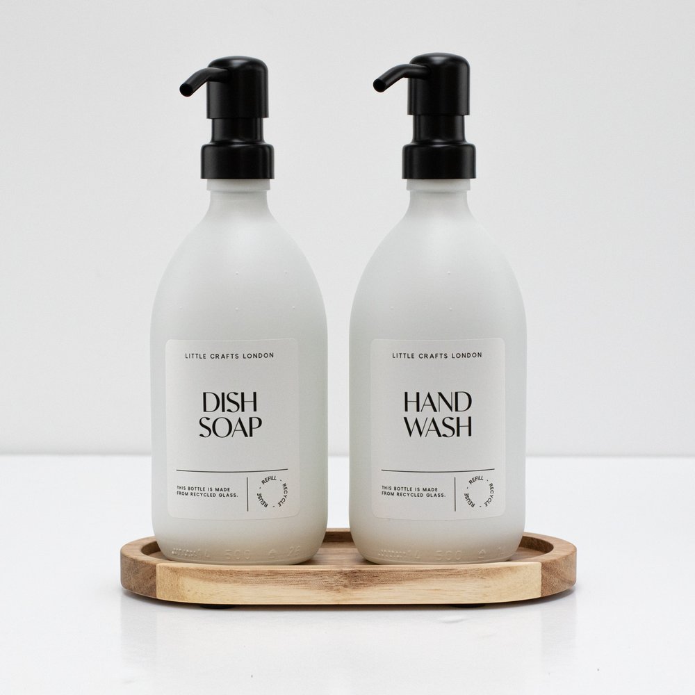 Set of 2 Milky White Glass Bottle 500 ML with Stainless Steel Pump & Small Tray (White Label) - Little Crafts London