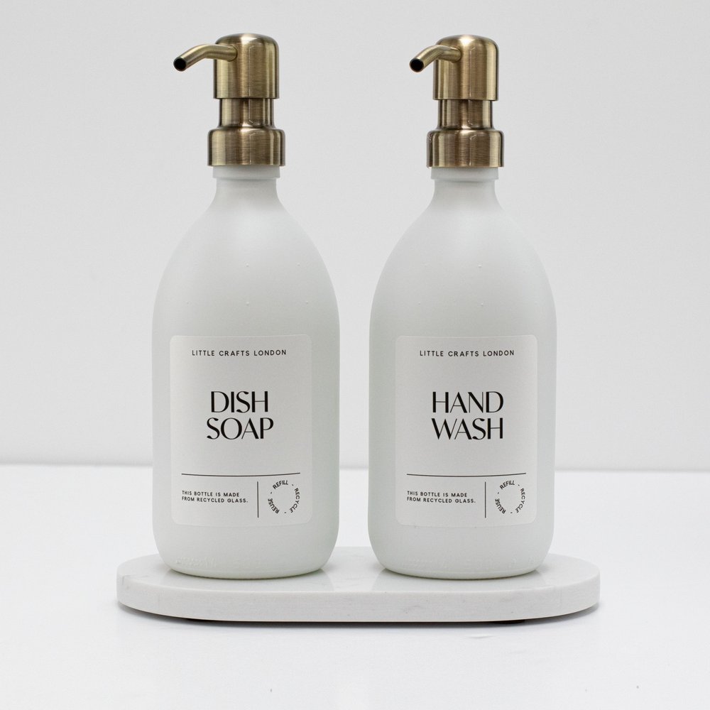 Set of 2 Milky White Glass Bottle 500 ML with Stainless Steel Pump & Small Tray (White Label) - Little Crafts London