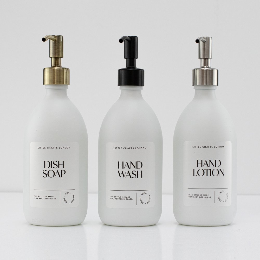 Set of 2 Milky White Glass Bottle 500 ML with Stainless Steel Pump & Small Tray (White Label) - Little Crafts London