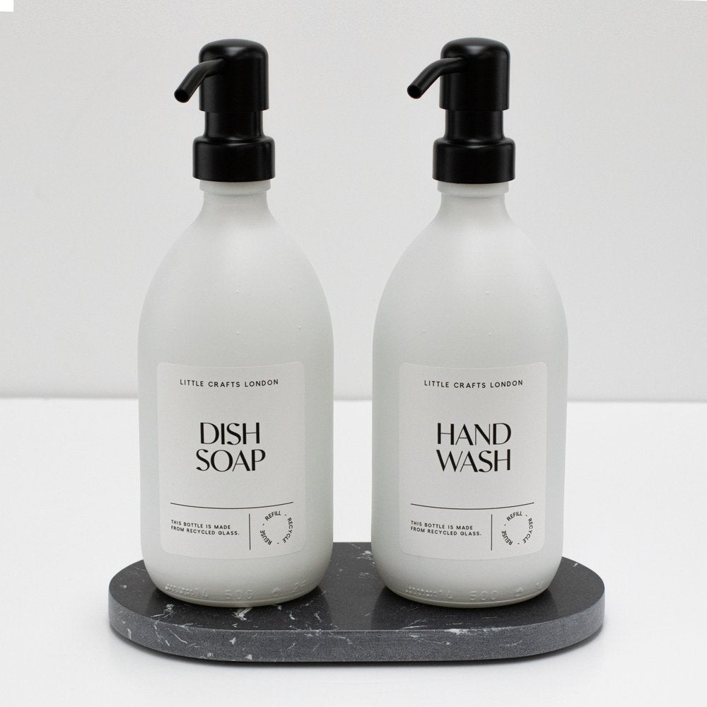 Set of 2 Milky White Glass Bottle 500 ML with Stainless Steel Pump & Small Tray (White Label) - Little Crafts London