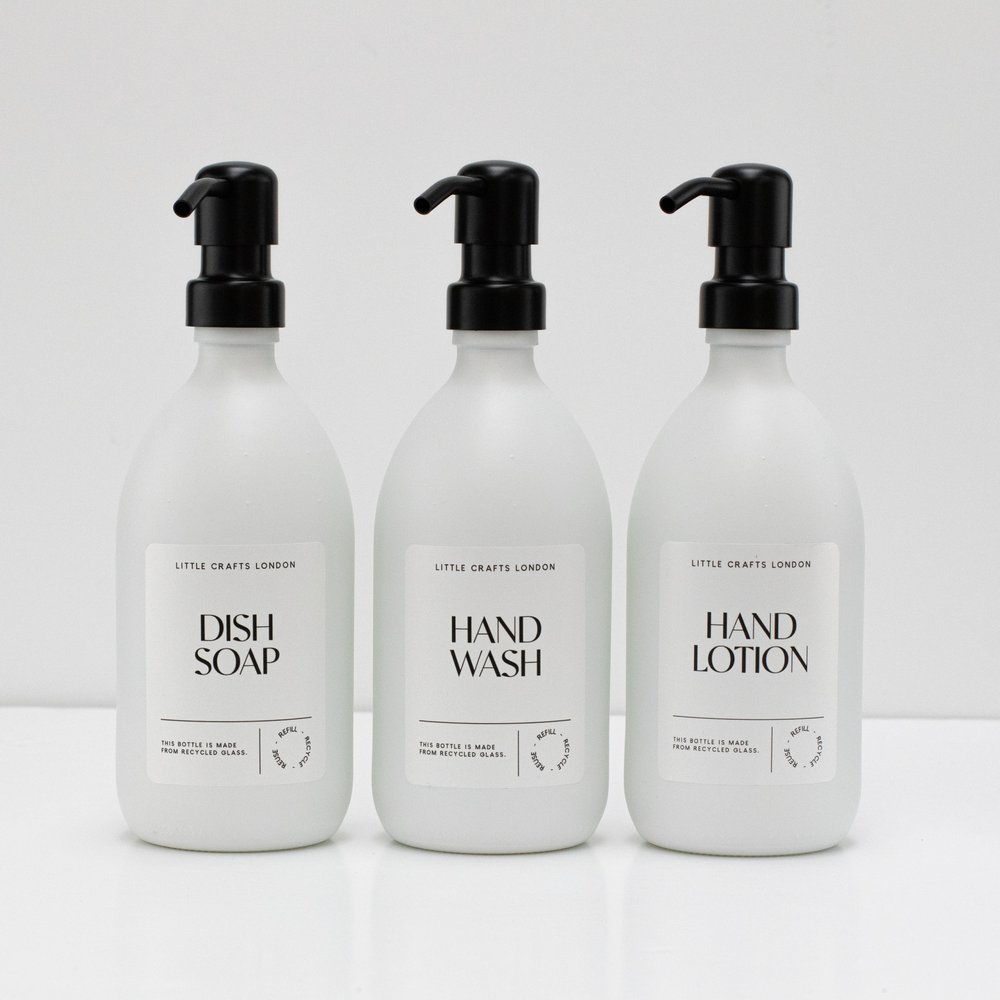 Set of 2 Milky White Glass Bottle 500 ML with Stainless Steel Pump & Small Tray (White Label) - Little Crafts London