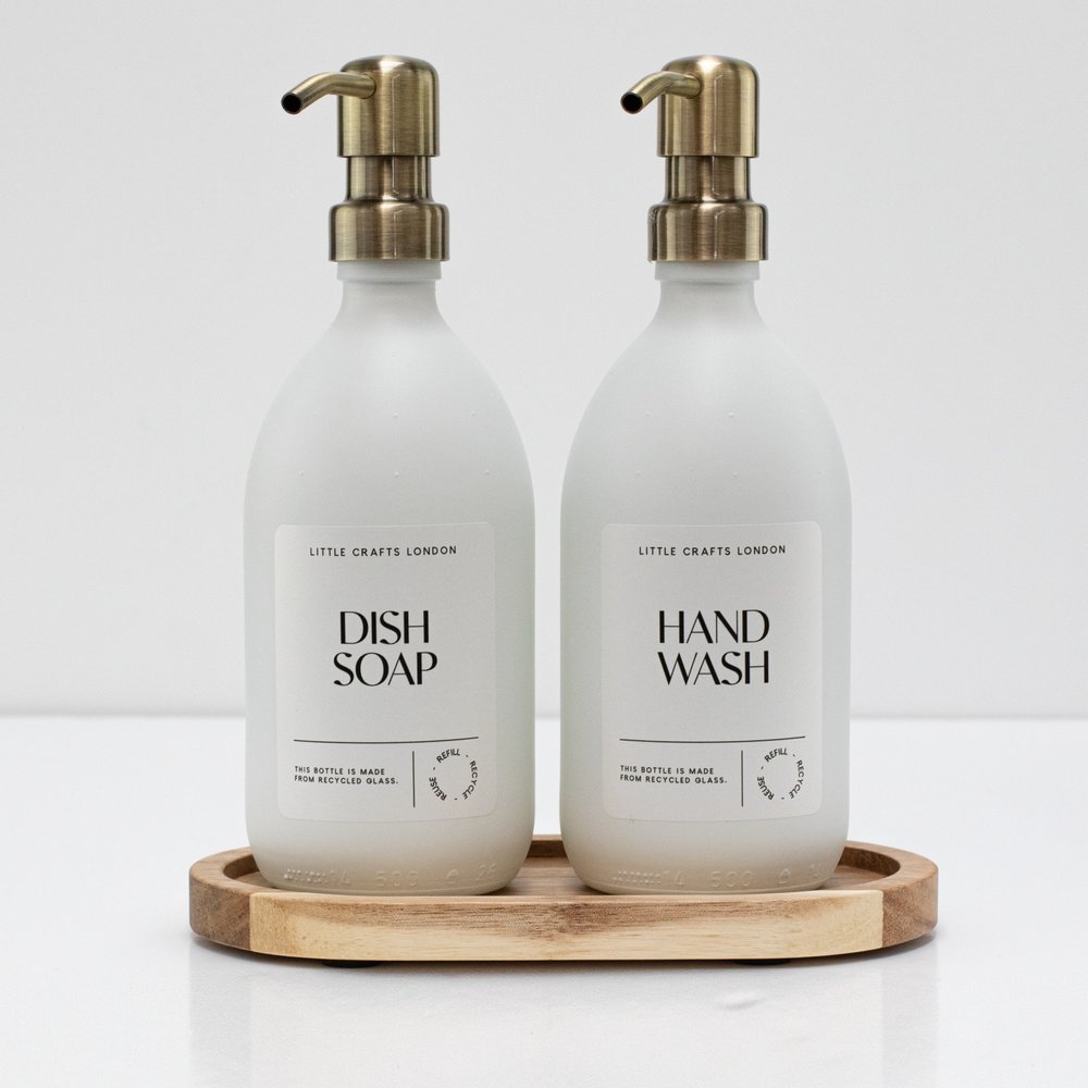 Set of 2 Milky White Glass Bottle 500 ML with Stainless Steel Pump & Small Tray (White Label) - Little Crafts London