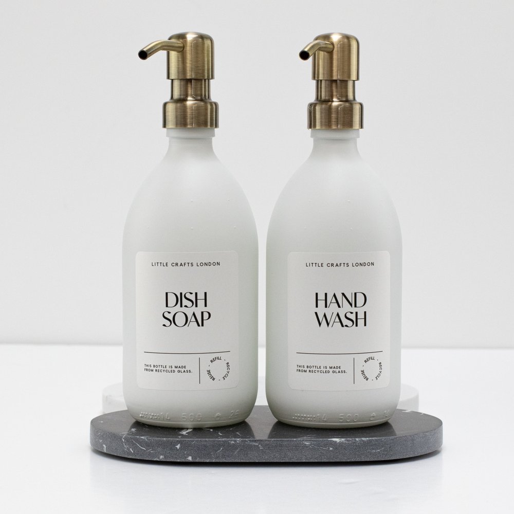 Set of 2 Milky White Glass Bottle 500 ML with Stainless Steel Pump & Small Tray (White Label) - Little Crafts London