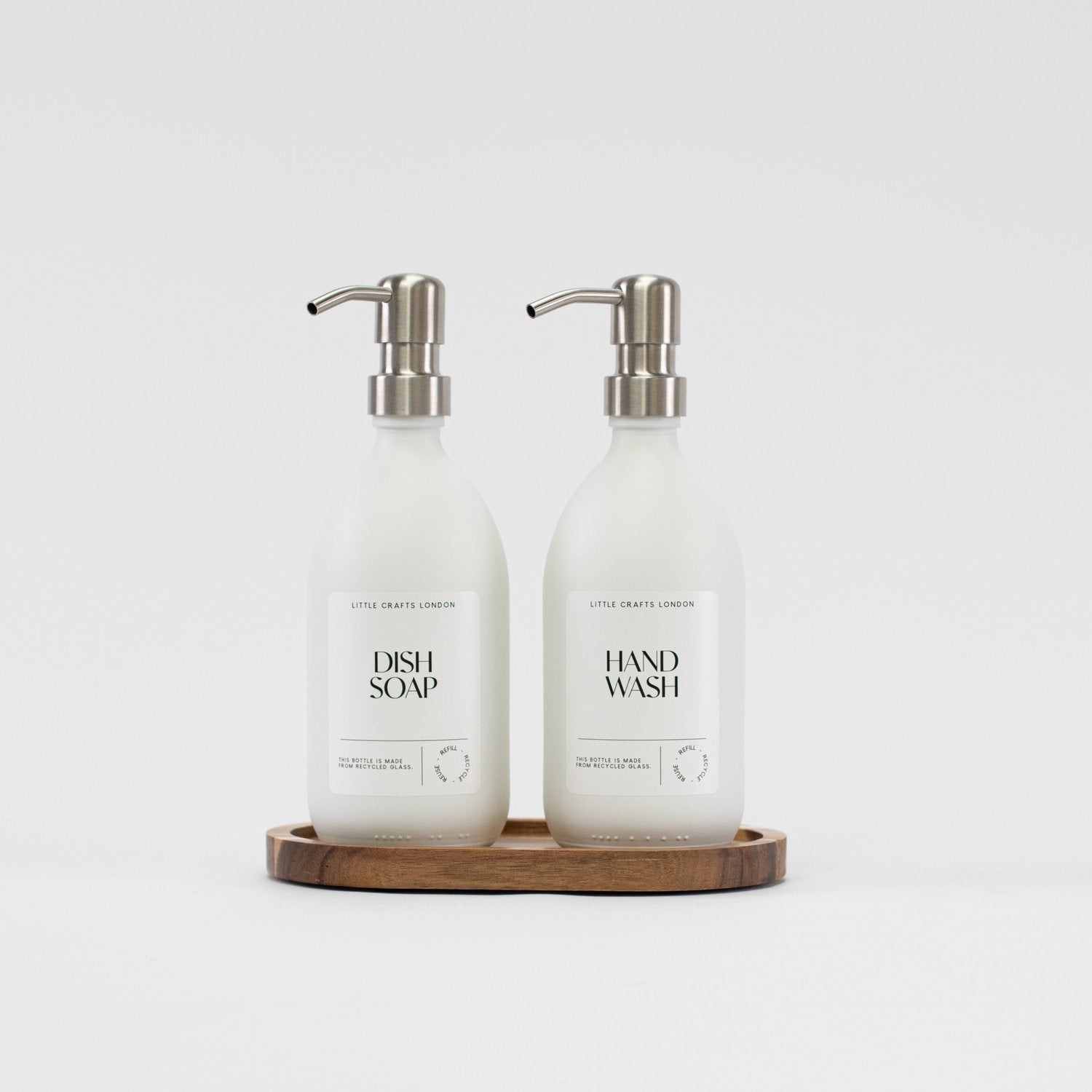 Set of 2 Milky White Glass Bottle 500 ML with Stainless Steel Pump & Small Tray (White Label) - Little Crafts London