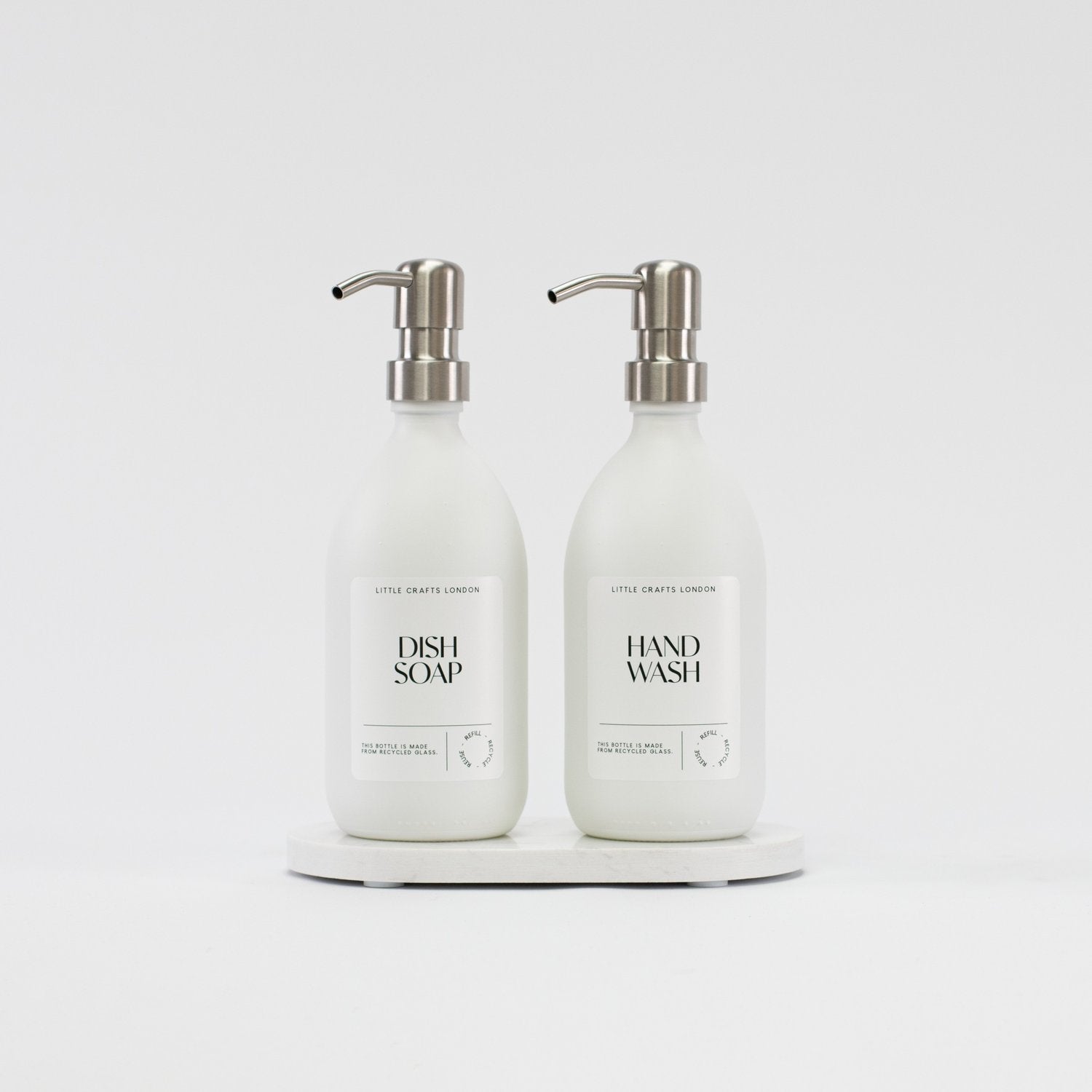 Set of 2 Milky White Glass Bottle 500 ML with Stainless Steel Pump & Small Tray (White Label) - Little Crafts London