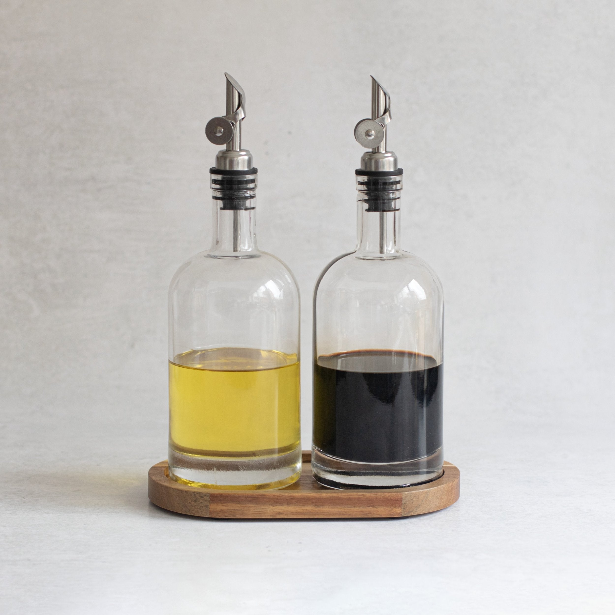 Set of 2 Round Glass Oil Bottle 500 ML & Acacia Oval Tray - Little Crafts London