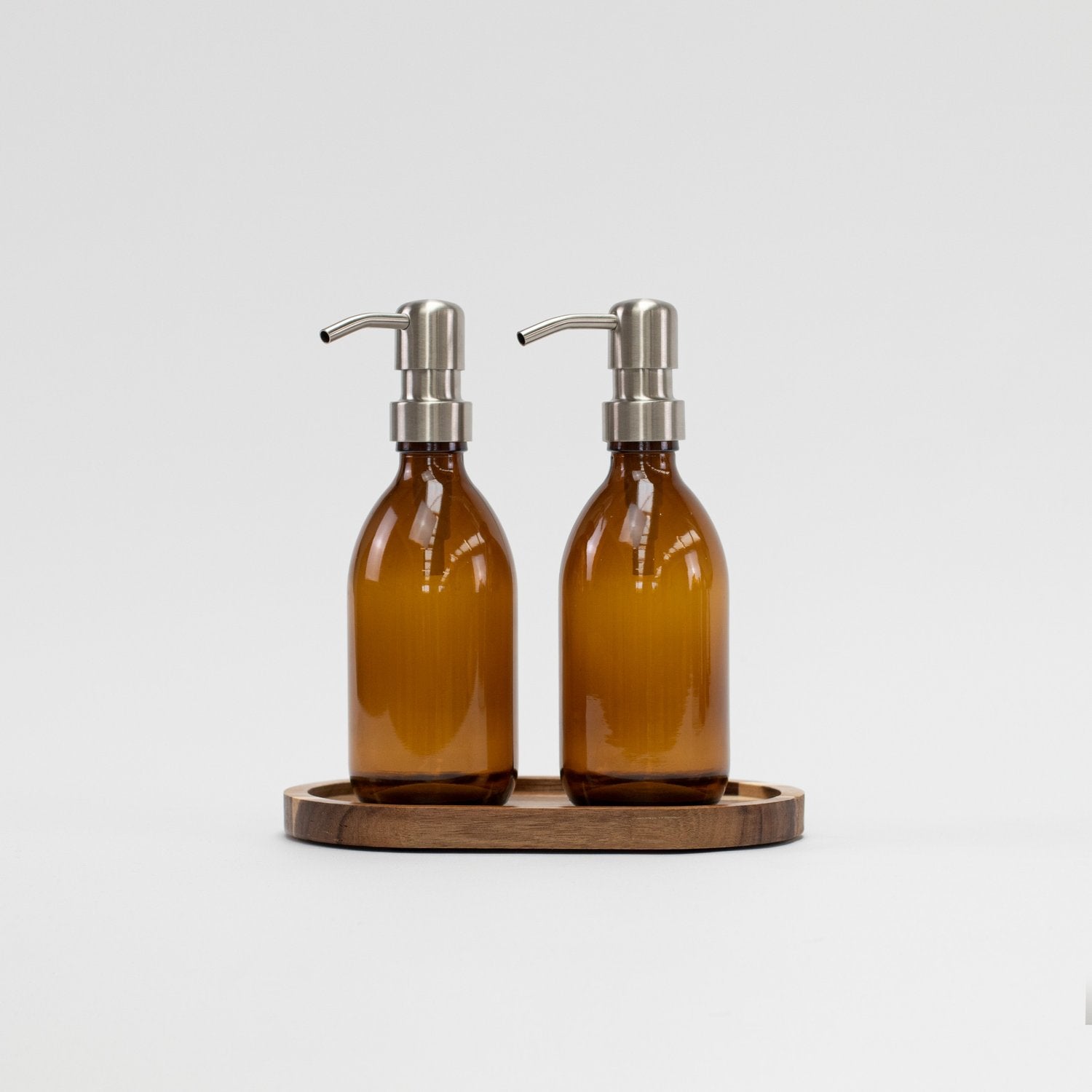 Set of 2x Amber Glass Bottles 250 ML Blank Stainless Steel & Oval Acacia Tray - Little Crafts London