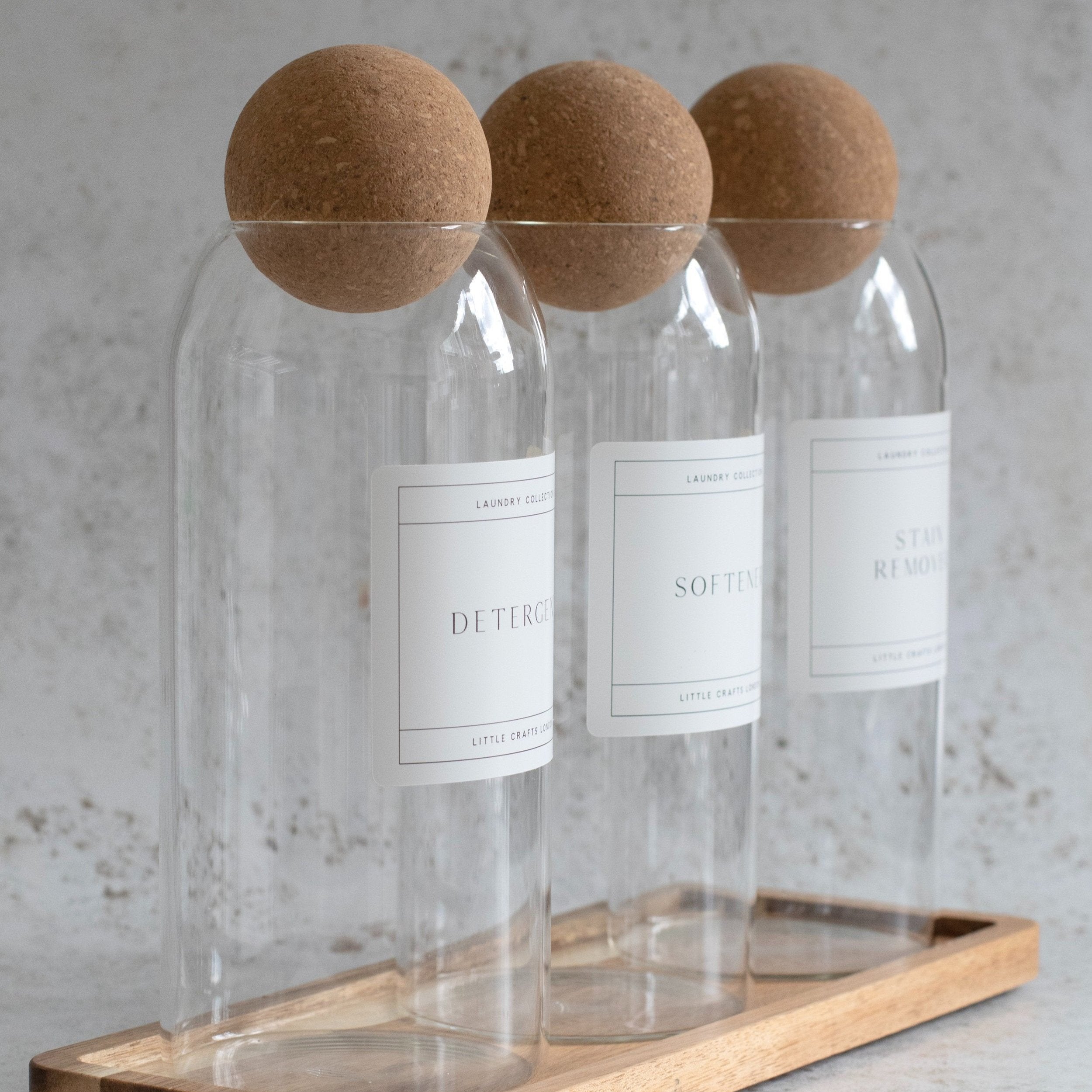 Set of 3 1200ml Cork Ball Laundry Jars & Tray Set - Little Crafts London