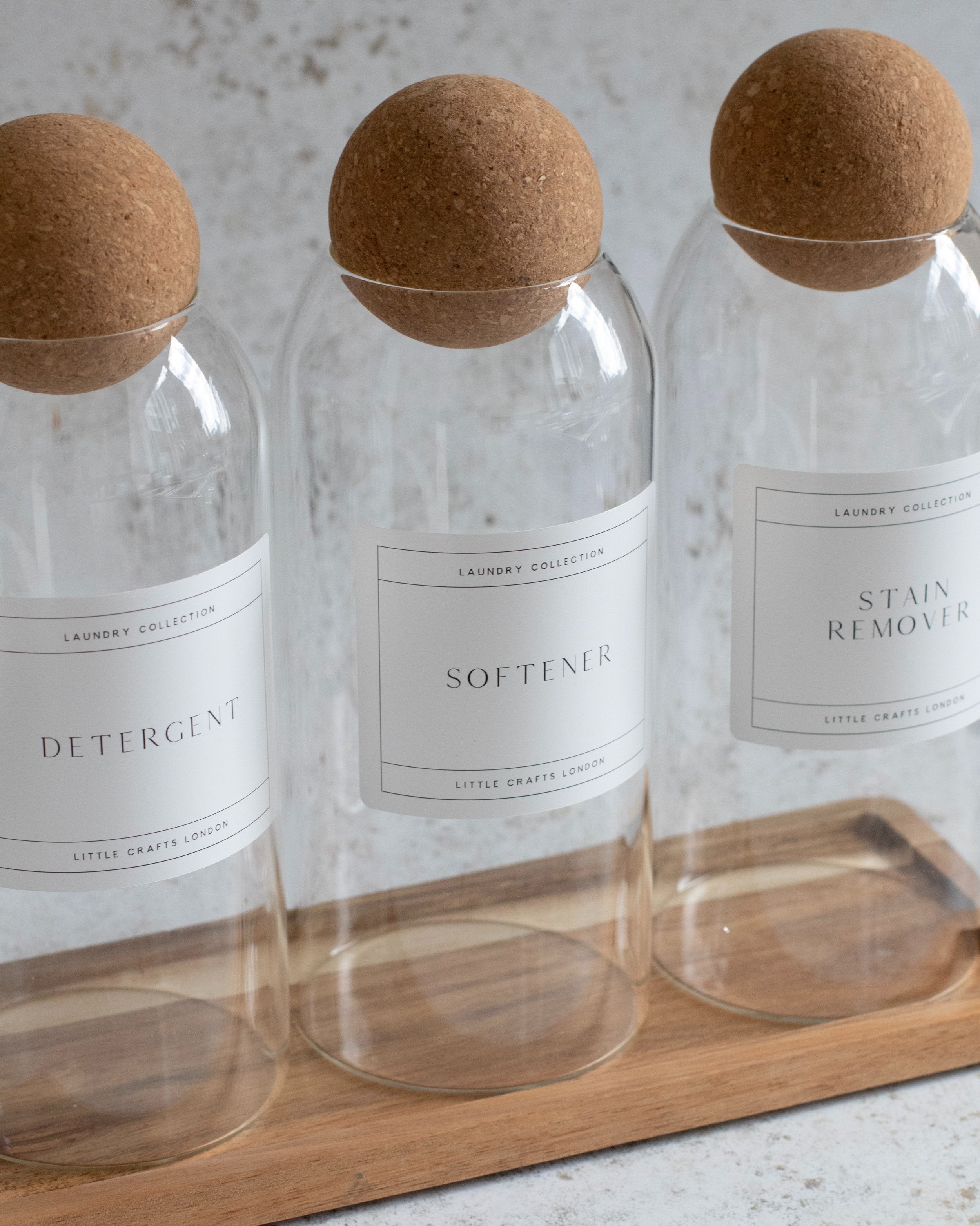 Set of 3 1200ml Cork Ball Laundry Jars & Tray Set - Little Crafts London