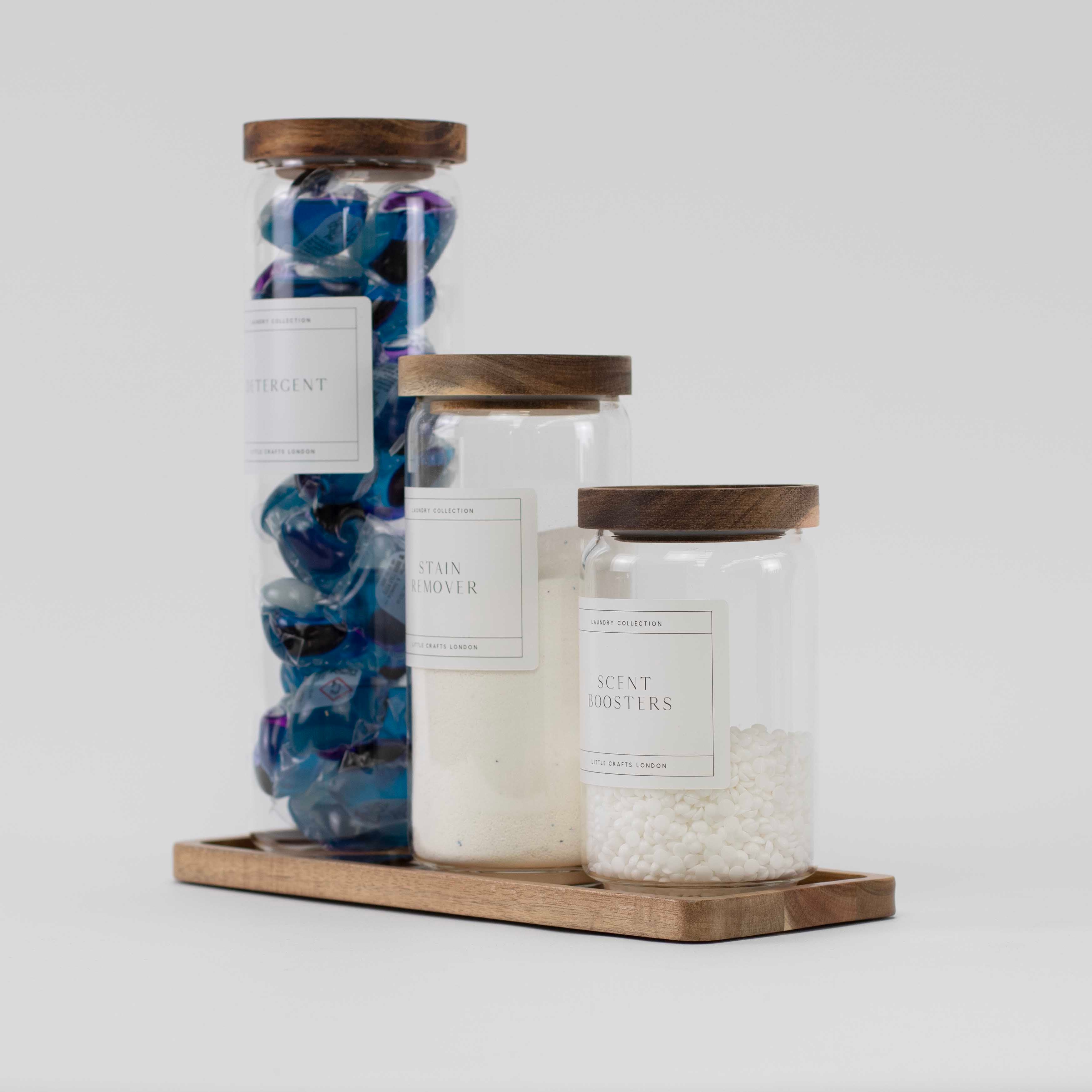 Set of 3 Acacia Glass Laundry Jars & Tray Set - Little Crafts London