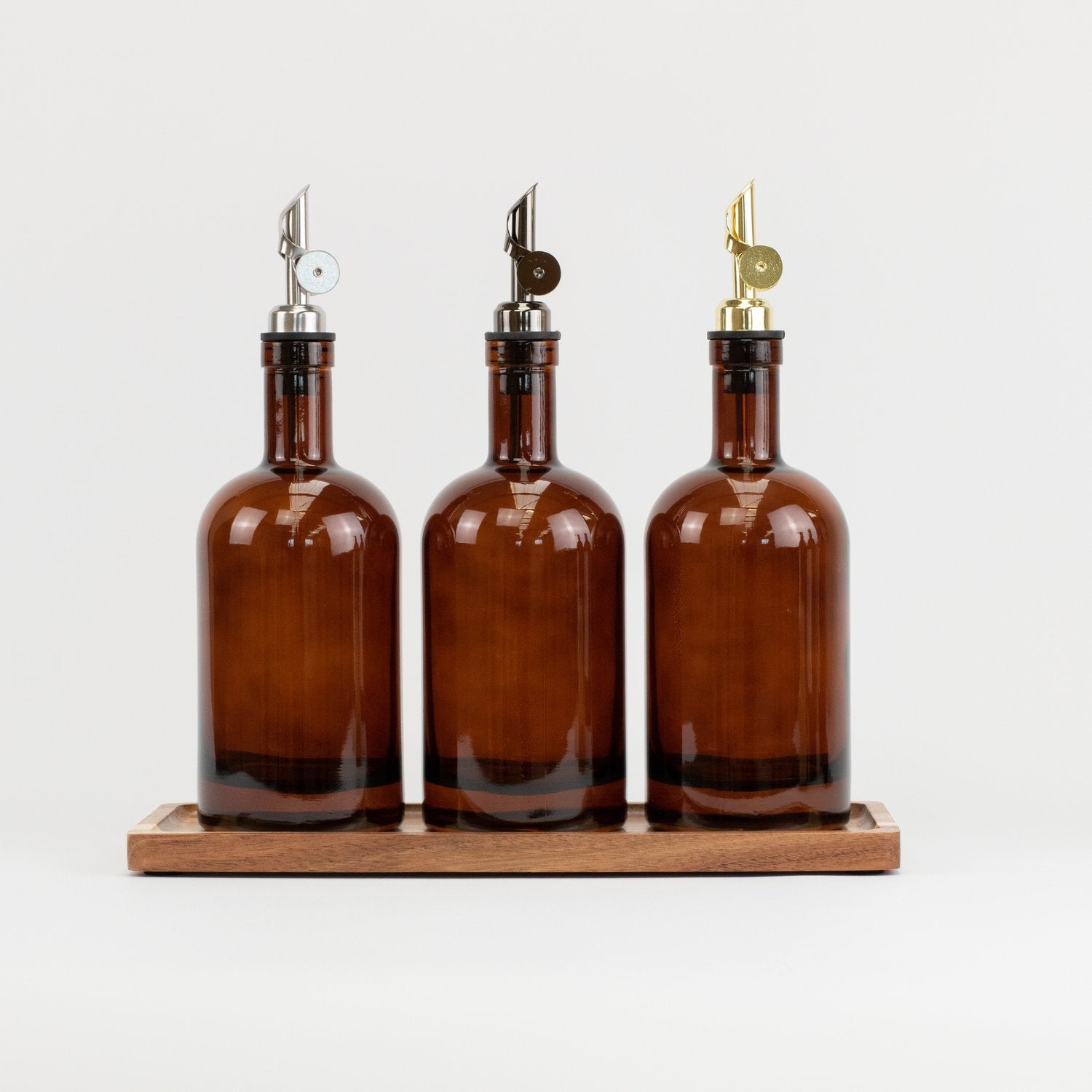 Set of 3 Amber Round Glass Oil Bottle 500 ML & Rectangle Tray - Little Crafts London
