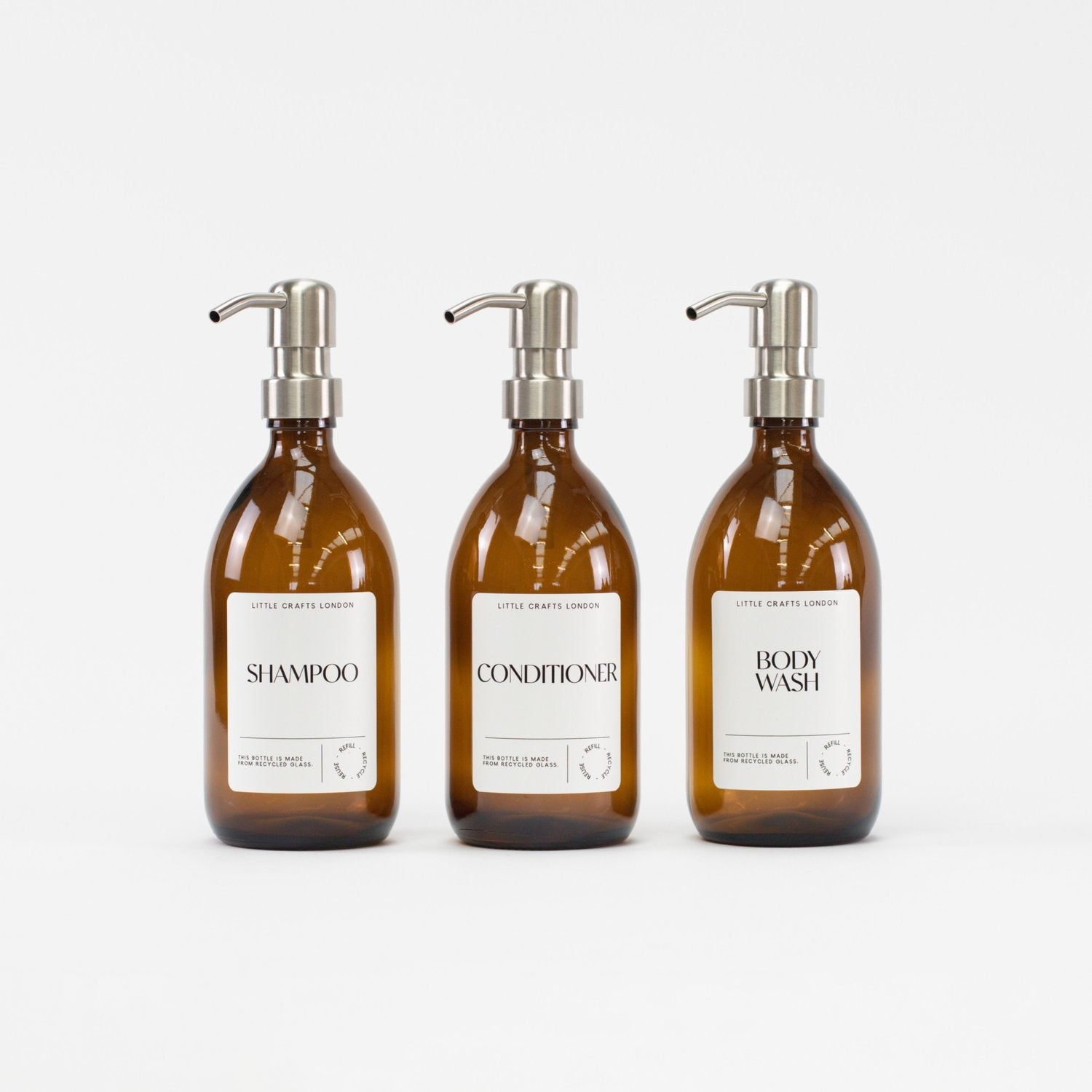 Set of 3 Bathroom Reusable Amber Glass Bottles 500 ML with Stainless Steel Pump - Little Crafts London