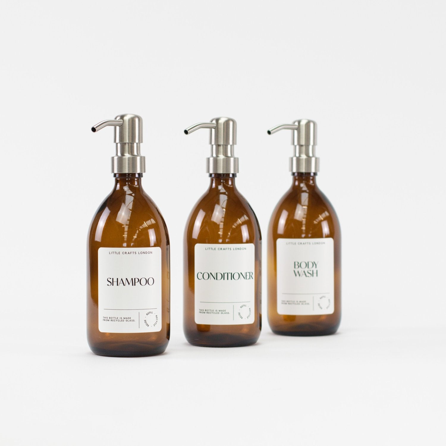 Set of 3 Bathroom Reusable Amber Glass Bottles 500 ML with Stainless Steel Pump - Little Crafts London