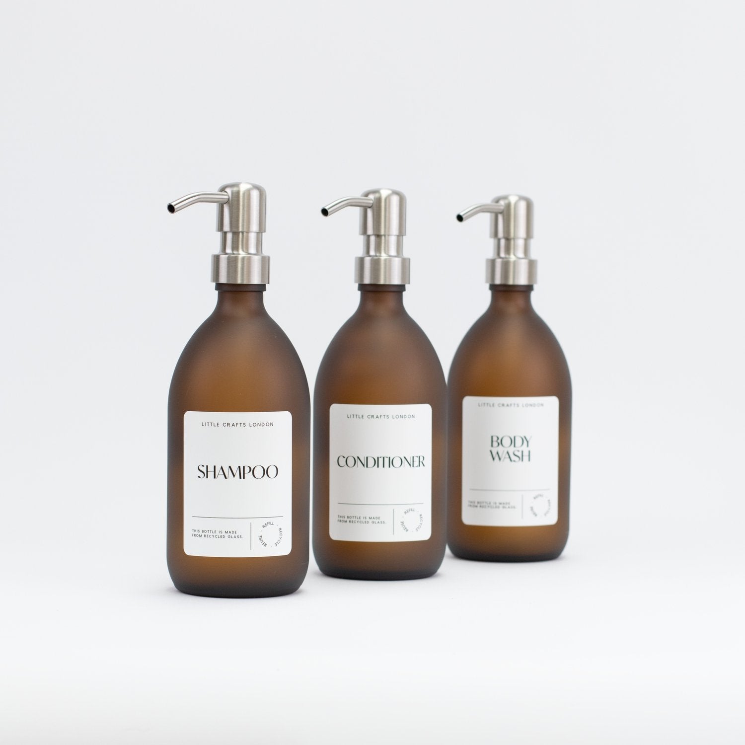 Set of 3 Bathroom Reusable Frosted Amber Glass Bottles 500 ML with Stainless Steel Pump - Little Crafts London