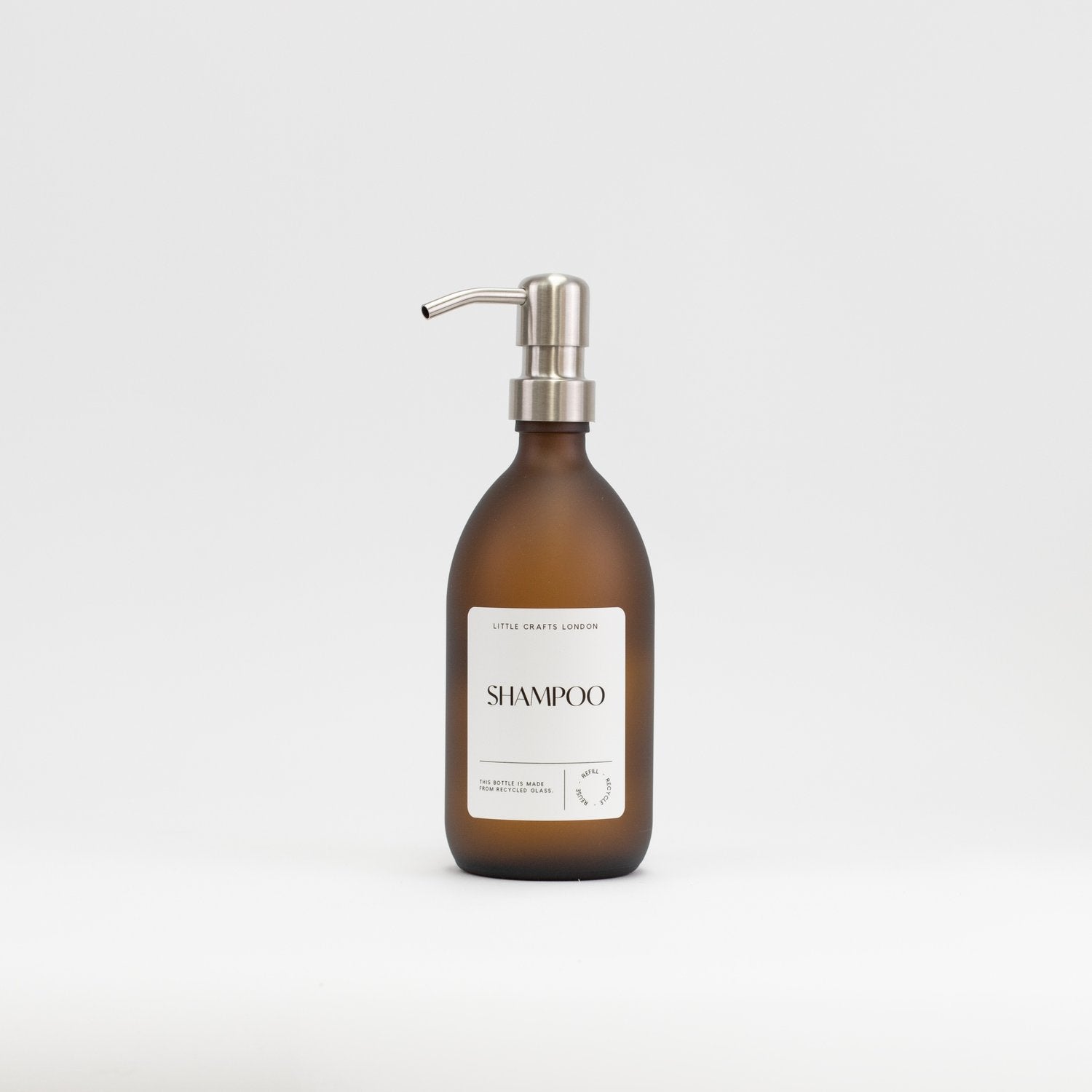 Set of 3 Bathroom Reusable Frosted Amber Glass Bottles 500 ML with Stainless Steel Pump - Little Crafts London