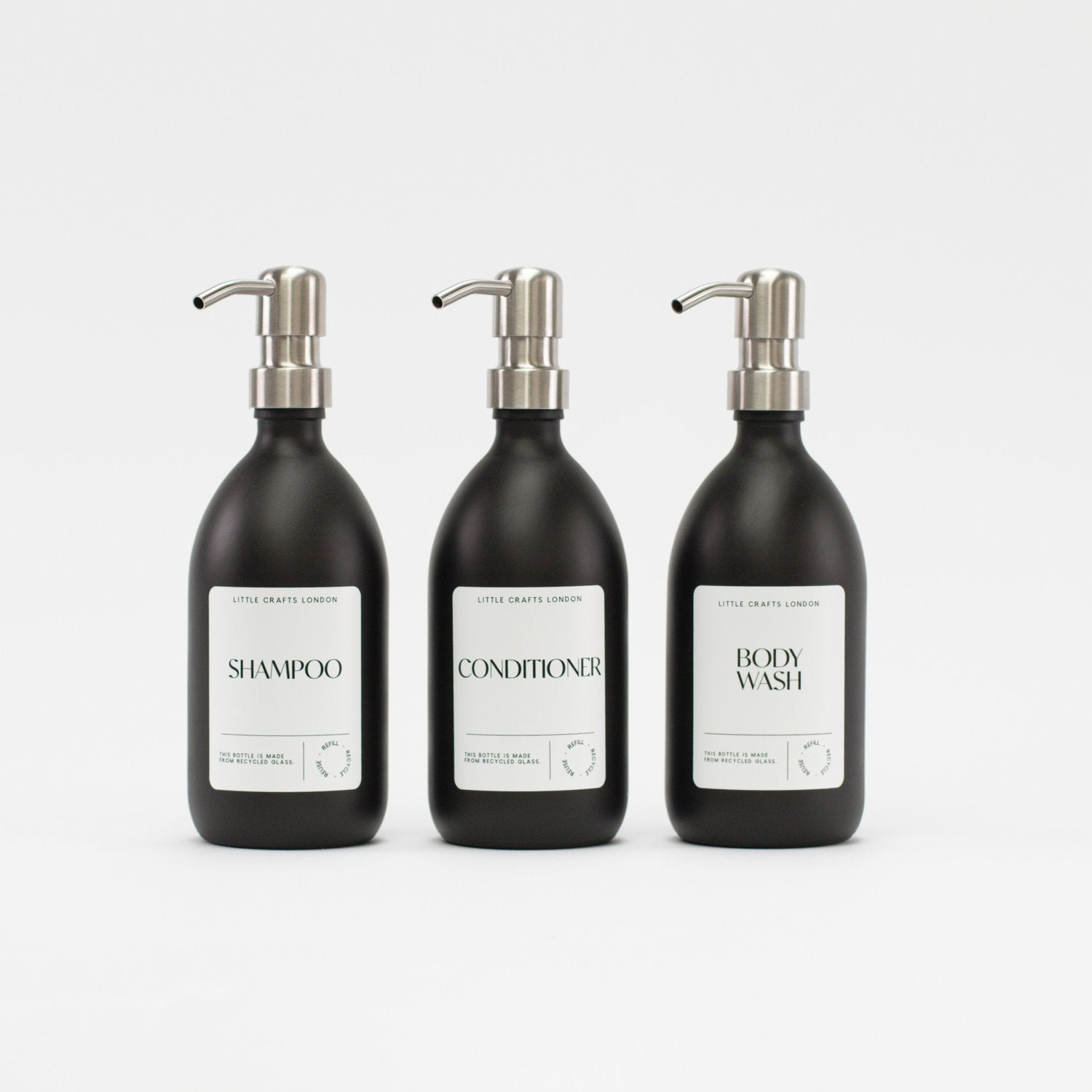 Set of 3 Bathroom Reusable Matt Black Glass Bottles 500 ML with Stainless Steel Pump - Little Crafts London