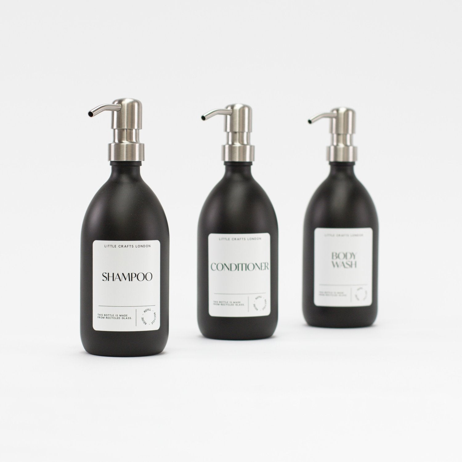 Set of 3 Bathroom Reusable Matt Black Glass Bottles 500 ML with Stainless Steel Pump - Little Crafts London
