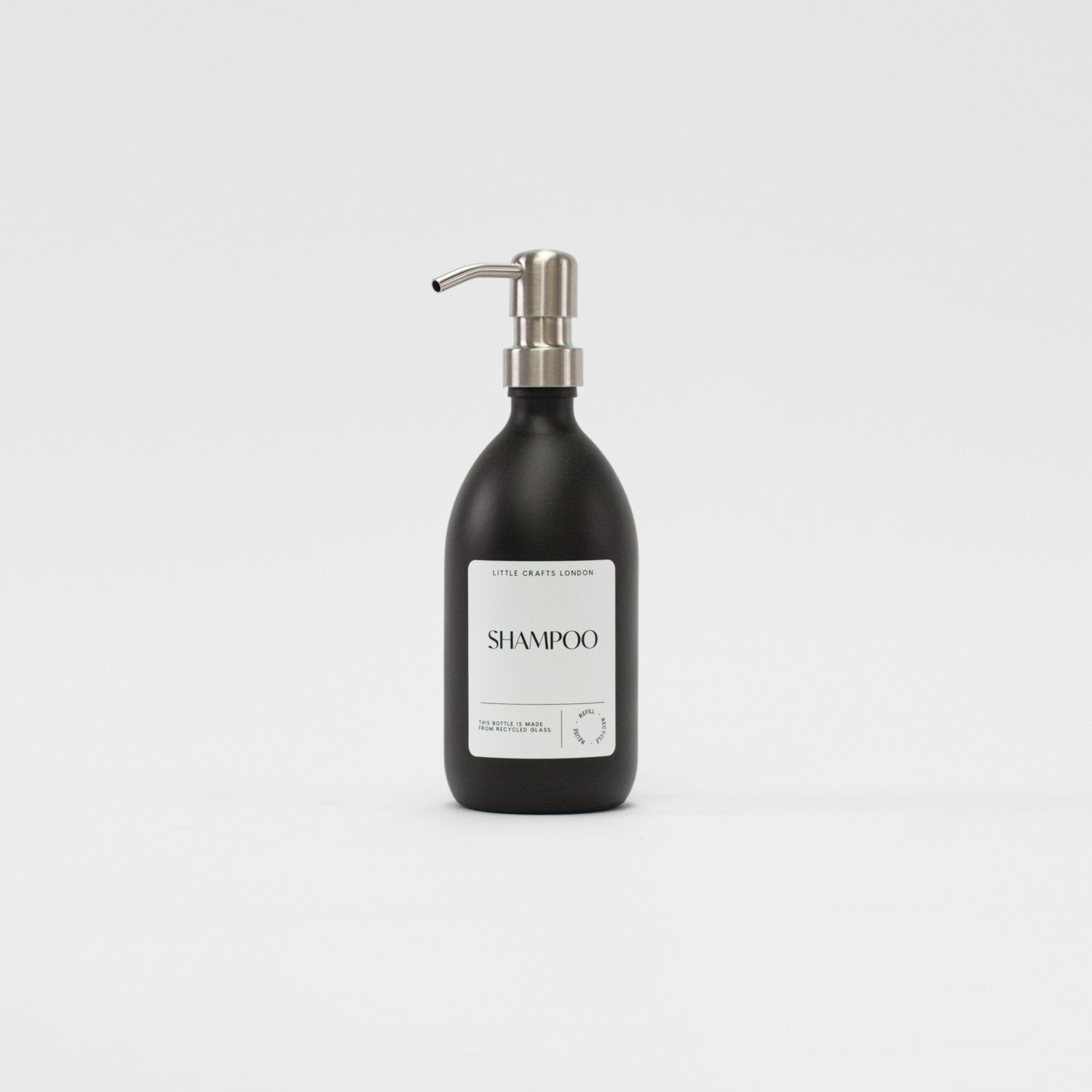 Set of 3 Bathroom Reusable Matt Black Glass Bottles 500 ML with Stainless Steel Pump - Little Crafts London